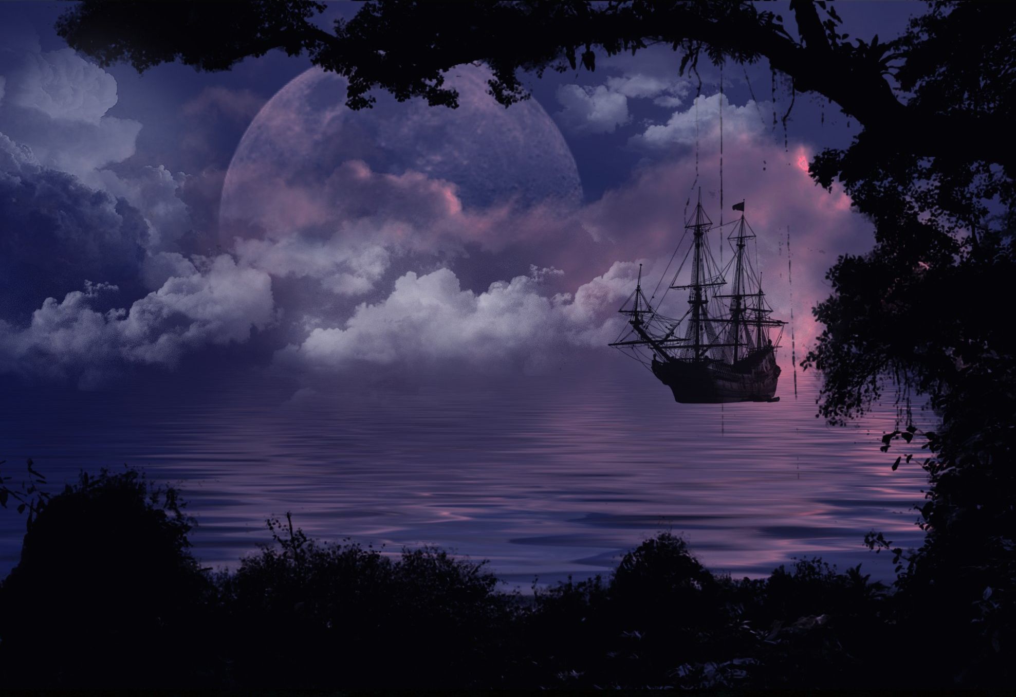 Download mobile wallpaper Fantasy, Moon, Lake, Ship, Cloud for free.