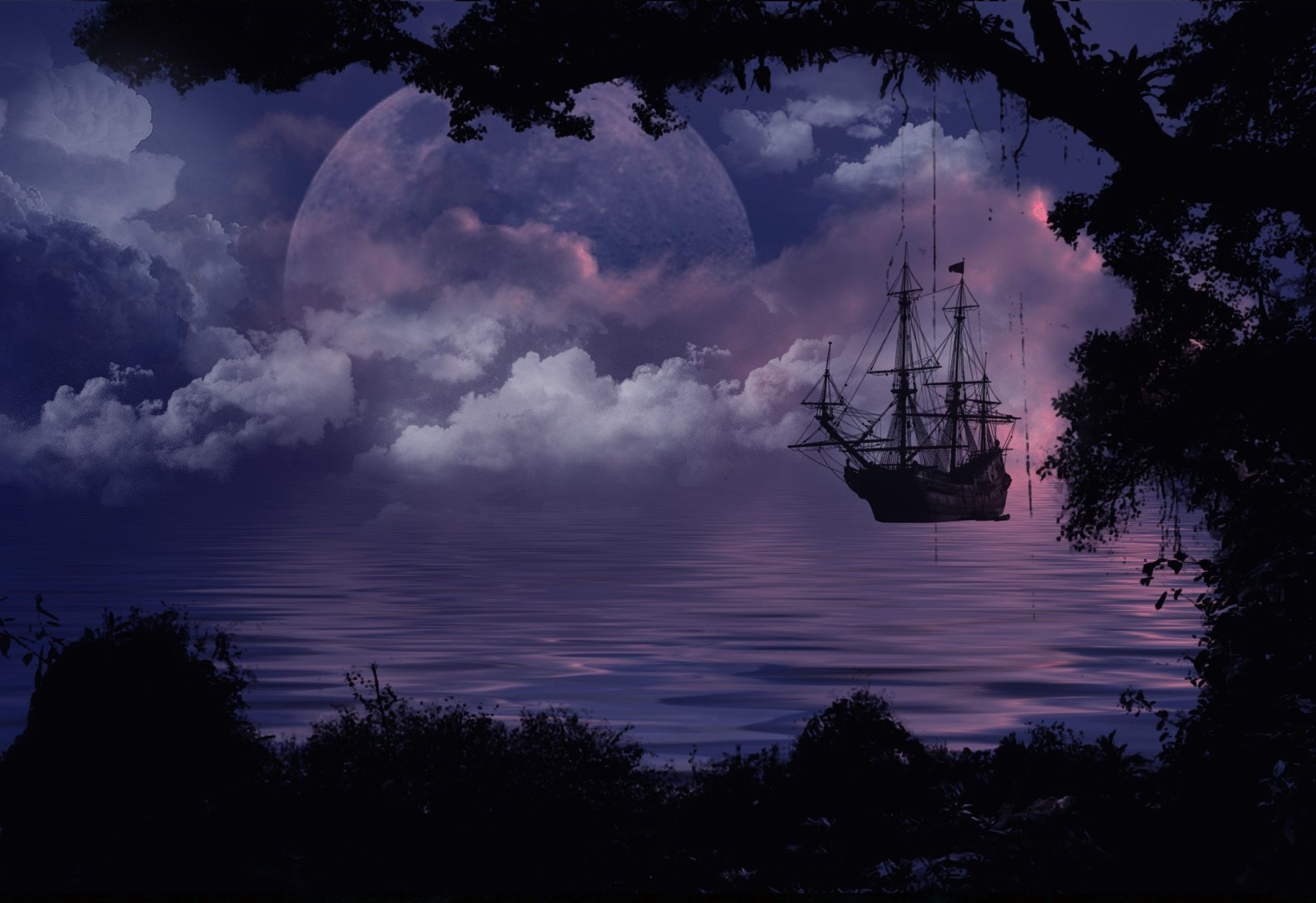 Free download wallpaper Fantasy, Moon, Lake, Ship, Cloud on your PC desktop