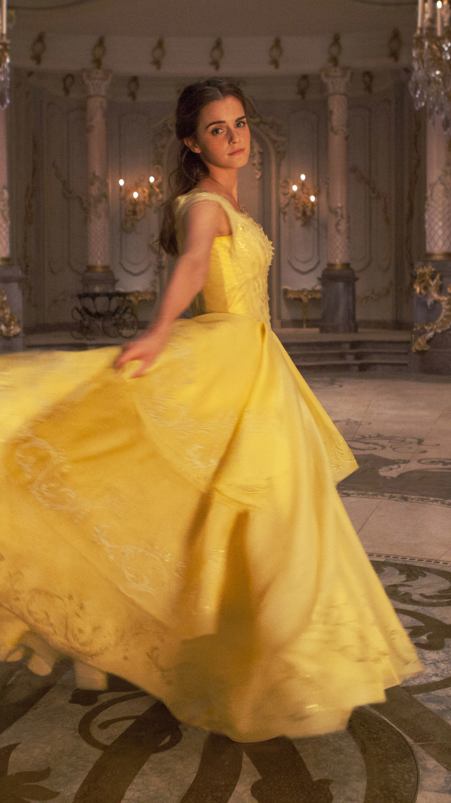 Download mobile wallpaper Emma Watson, Yellow Dress, Movie, Belle (Beauty And The Beast), Beauty And The Beast (2017), Ballroom for free.