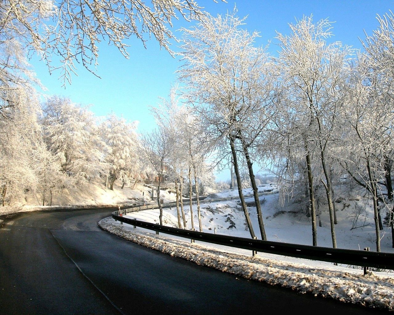 winter, nature, trees, snow, road, turn Full HD