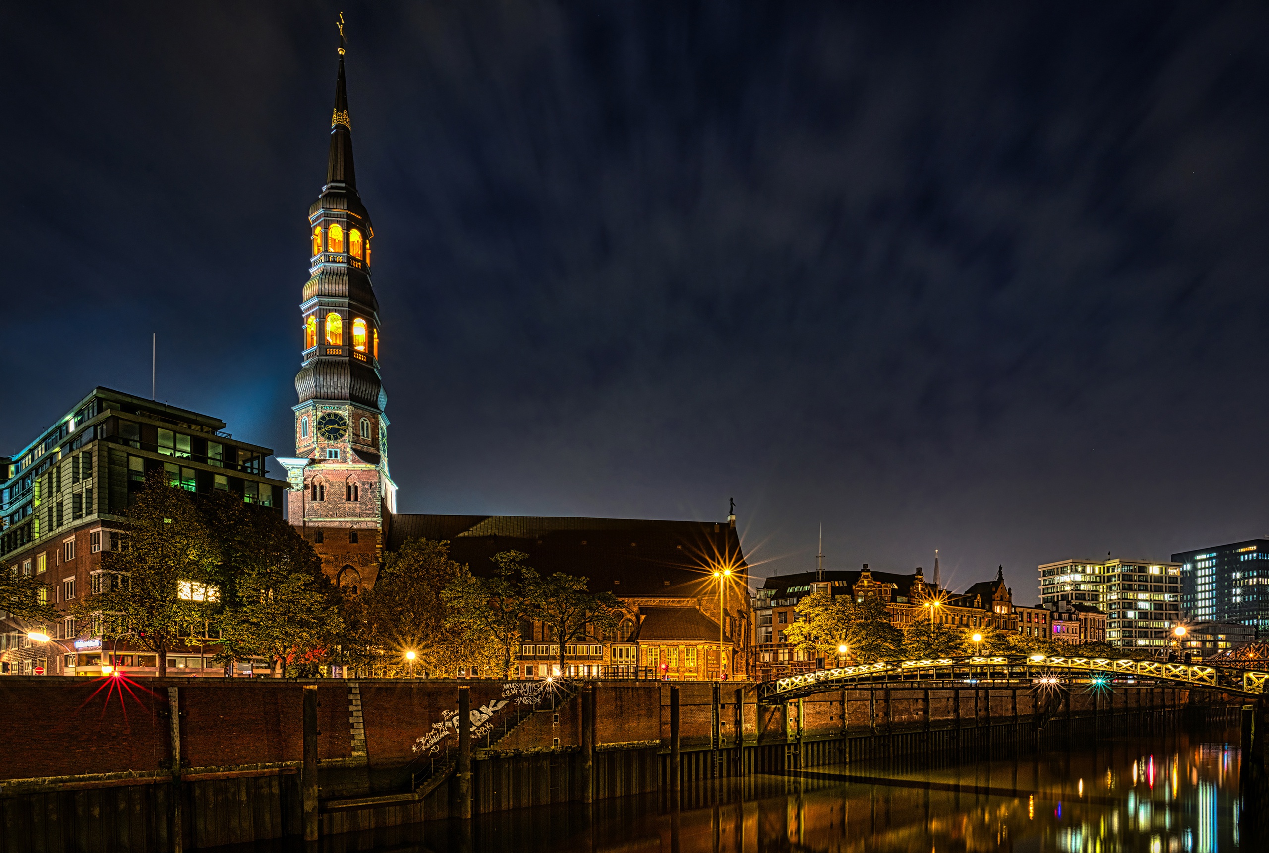 Download mobile wallpaper Cities, Night, Clock, Light, House, Bridge, Tower, River, Germany, Hamburg, Man Made for free.