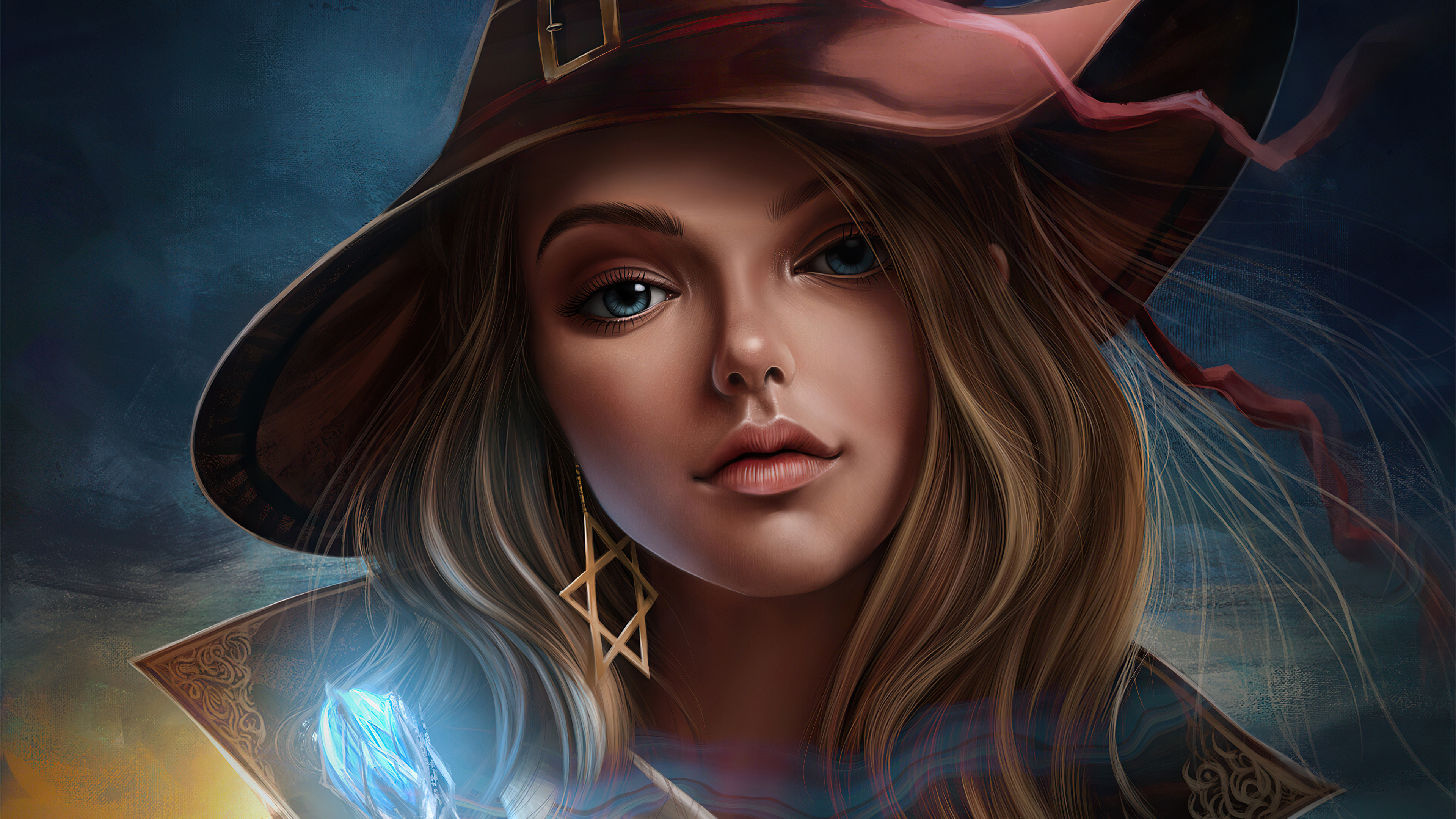 Download mobile wallpaper Fantasy, Blonde, Face, Hat, Blue Eyes, Witch for free.