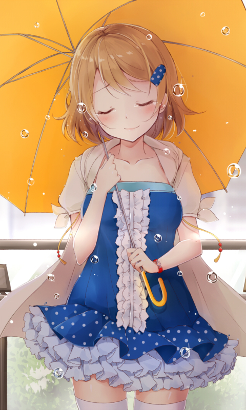 Baixar papel de parede para celular de Anime, Sorriso, Guarda Chuva, Loiro, Vestir, Corar, Gota De Água, Cabelo Curto, Cabelo Loiro, Pingo D'água, Hanayo Koizumi, Amar Viver! gratuito.