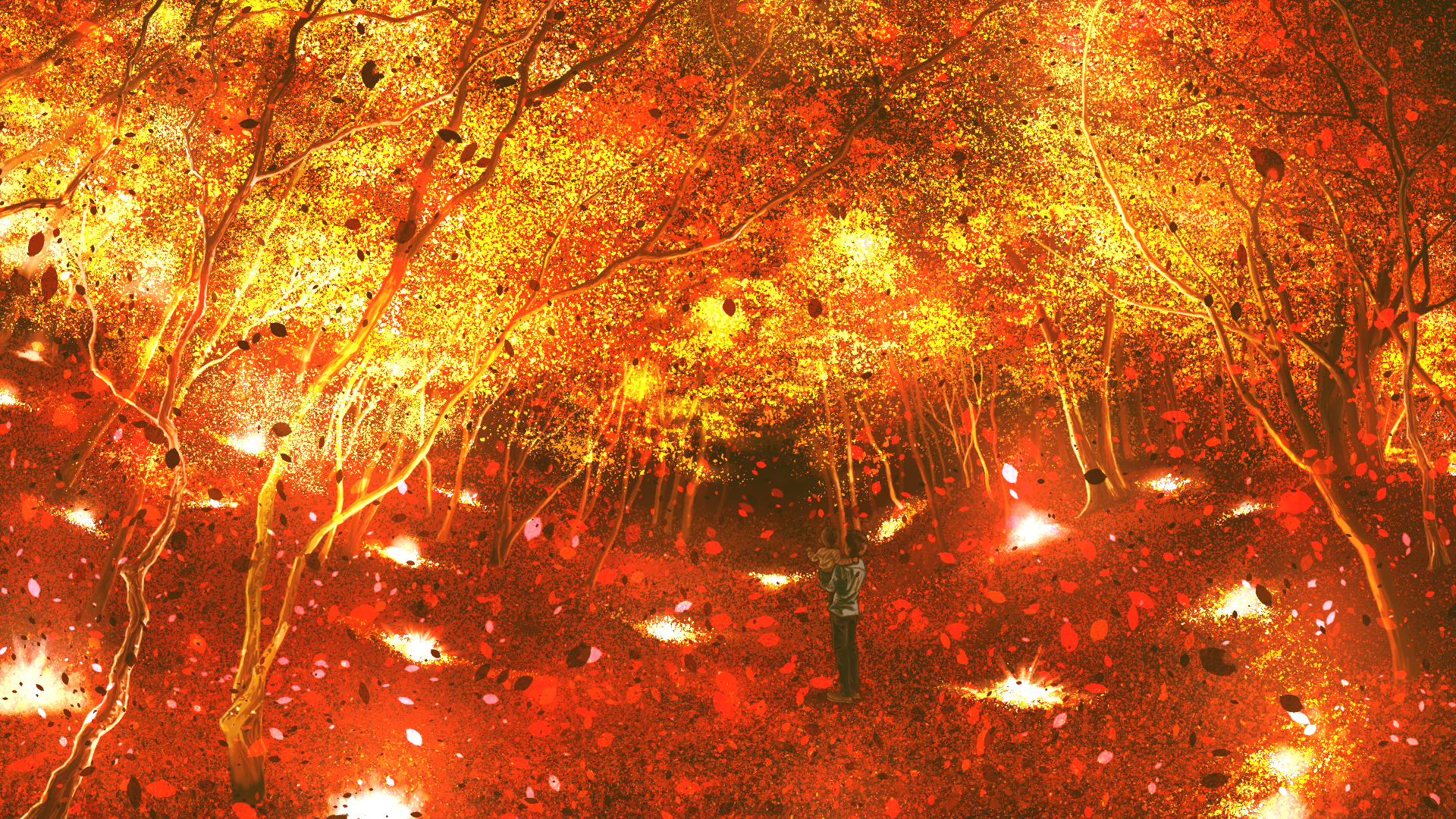 876564 скачать обои аниме, лес призраков, осень, листва, дерево - заставки и картинки бесплатно