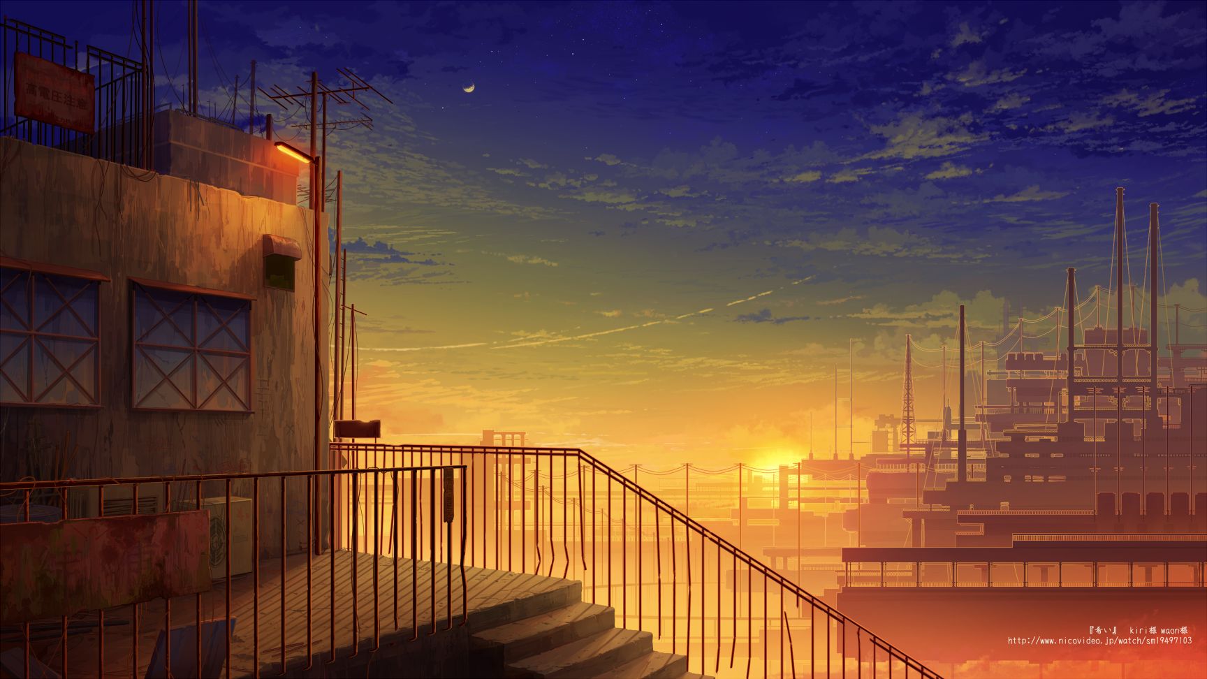 Free download wallpaper Anime, Sunset, Sky, Moon, City, Building, Stairs, Original, Scenic on your PC desktop