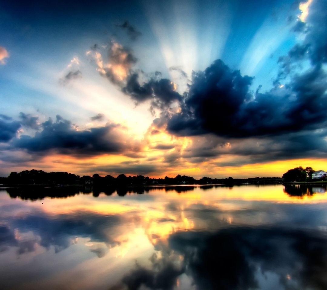 Free download wallpaper Water, Sunset, Sky, Lake, Reflection, Tree, House, Earth, Cloud on your PC desktop