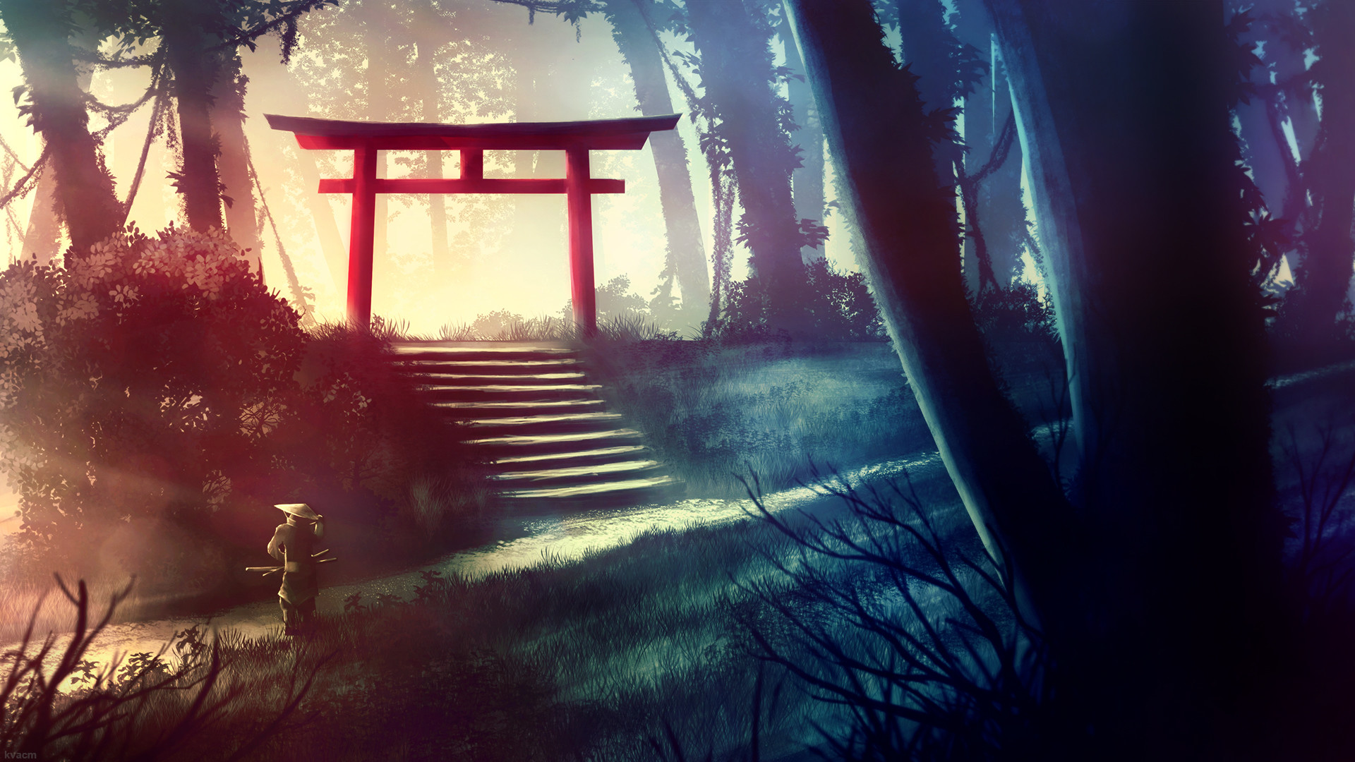 844888 скачать обои самурай, храм, дорога, лес, фэнтези, дерево, воин - заставки и картинки бесплатно
