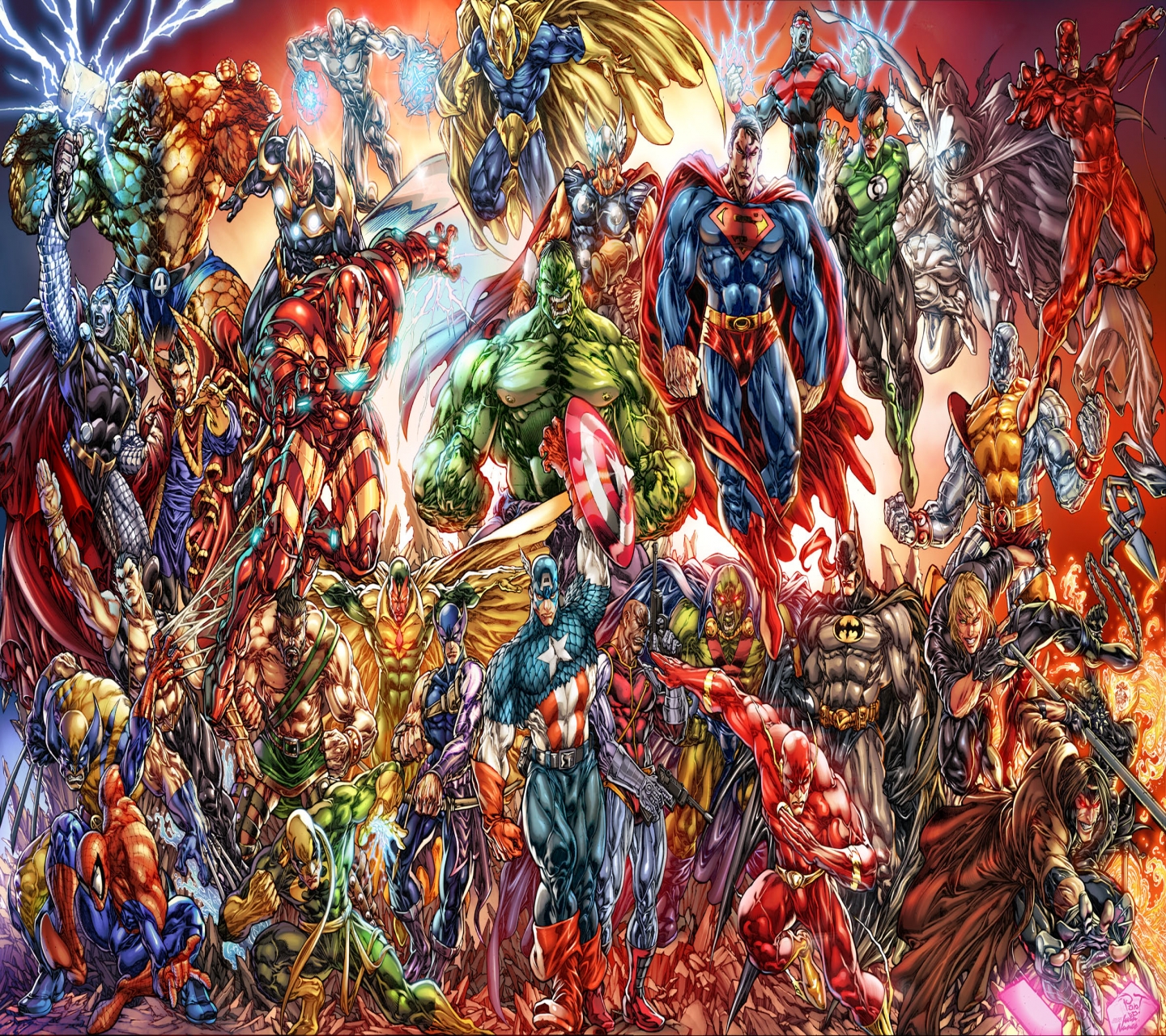 Скачати мобільні шпалери Людина Павук, Бетмен, Халк, Залізна Людина, Супермен, Капітан Америка, Зелений Ліхтар, Колаж, Спалах, Росомаха, Комікси, Комікси Dc, Nightwing, Штука (Комікси Marvel), Місячний Лицар, Тор, Сміливець безкоштовно.