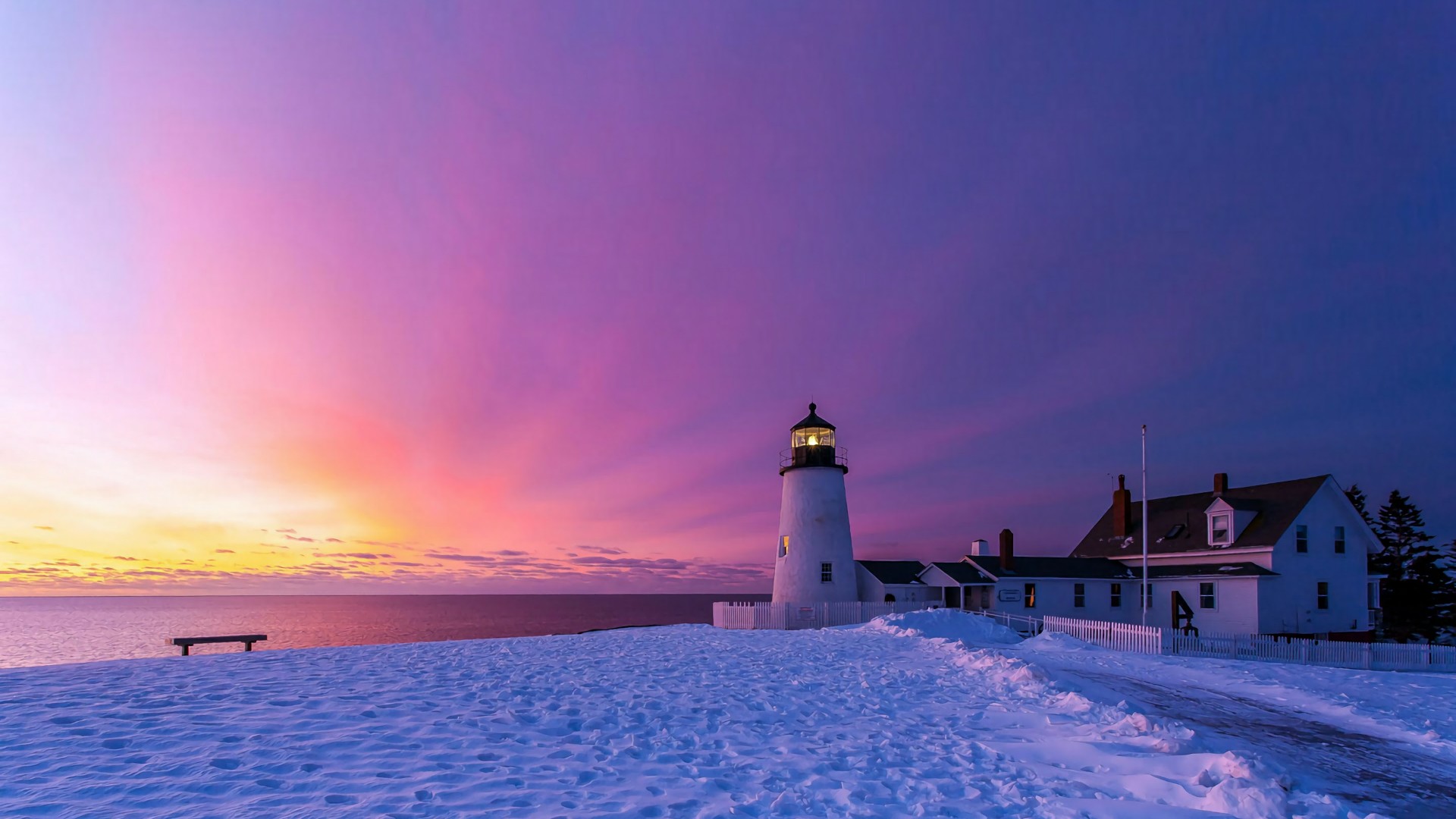 PCデスクトップに冬, 日没, 灯台, マンメイド画像を無料でダウンロード