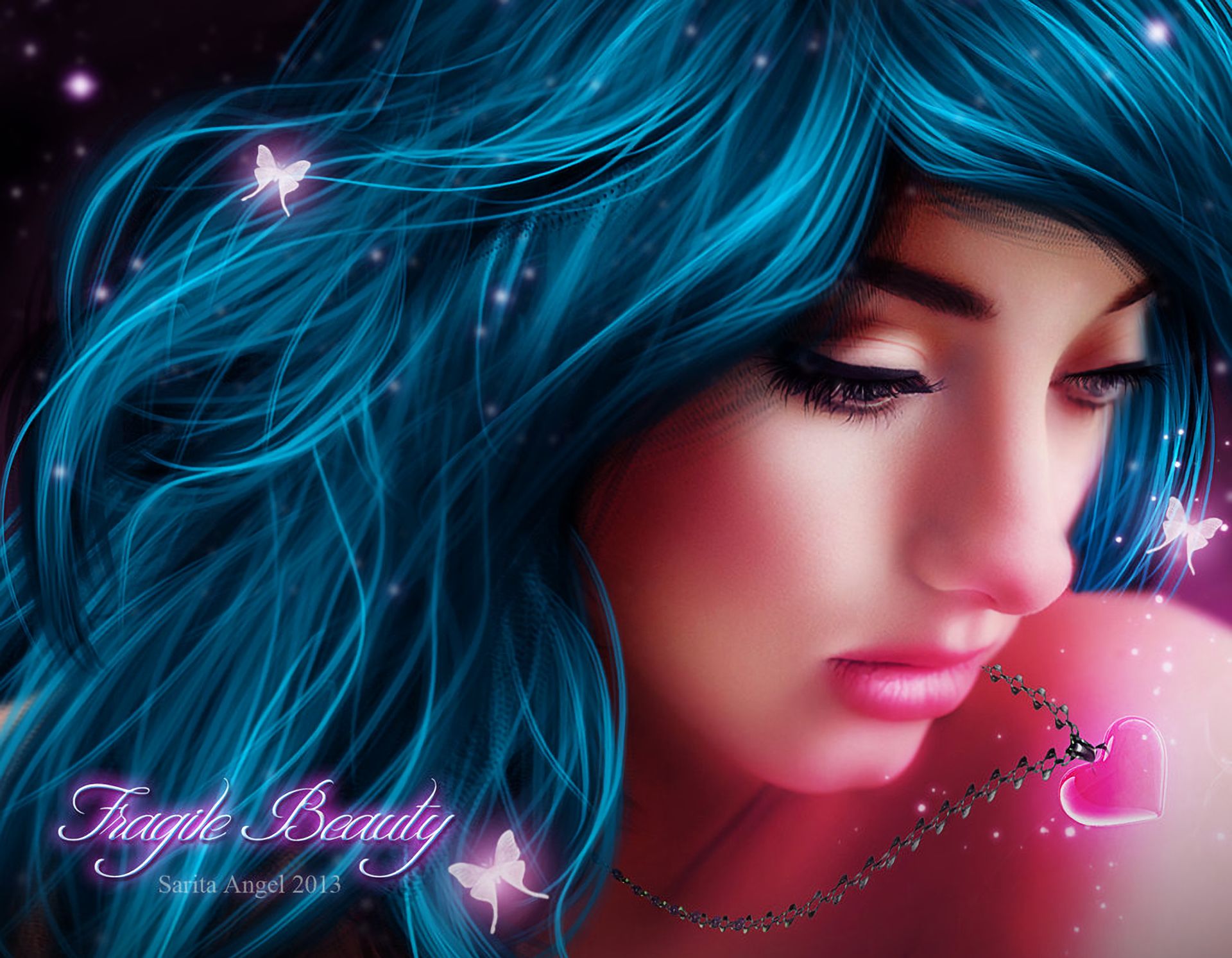 Free download wallpaper Butterfly, Artistic, Face, Women, Necklace, Blue Hair on your PC desktop