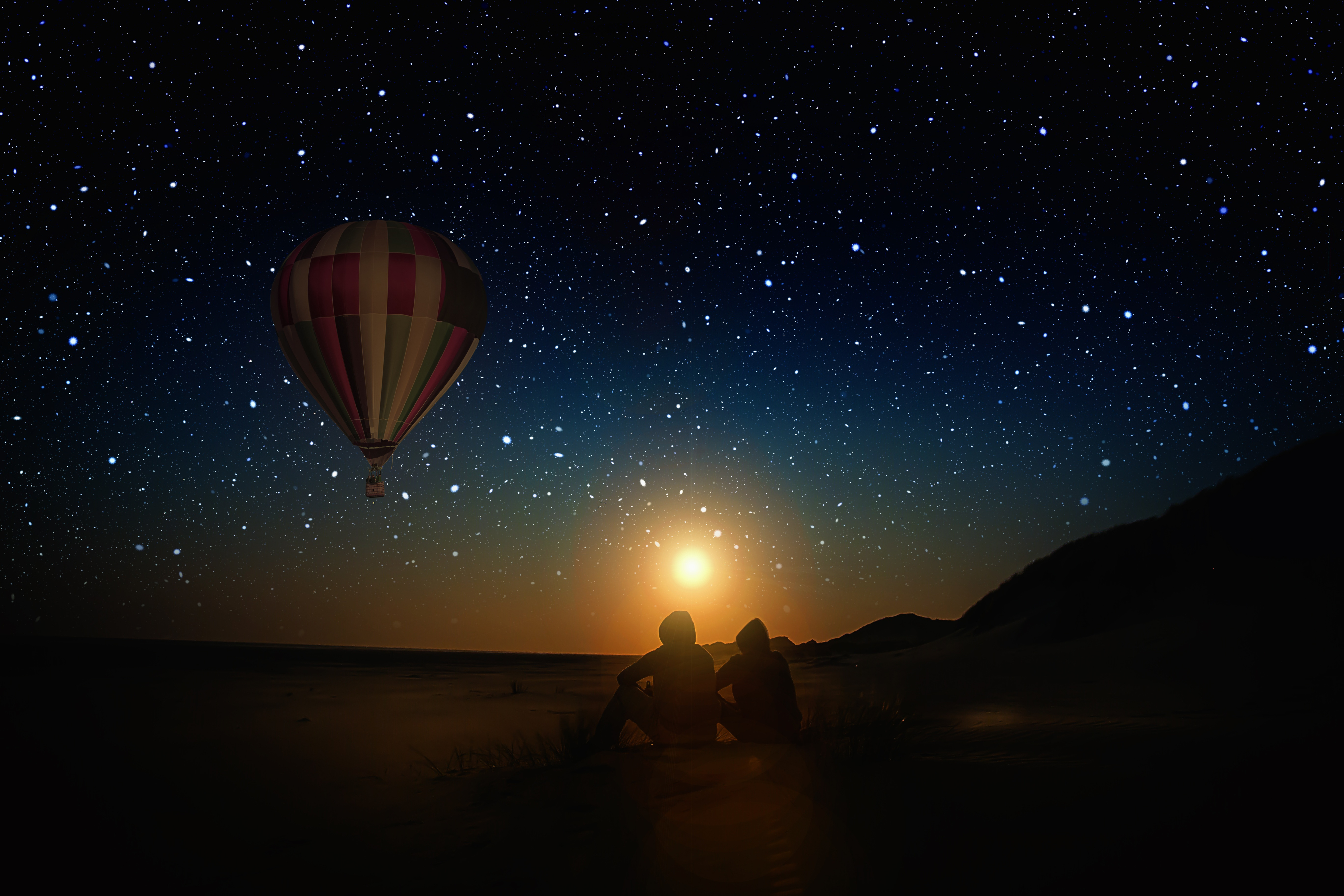 Laden Sie das Nacht, Fahrzeuge, Heißluftballon, Sternenklarer Himmel-Bild kostenlos auf Ihren PC-Desktop herunter