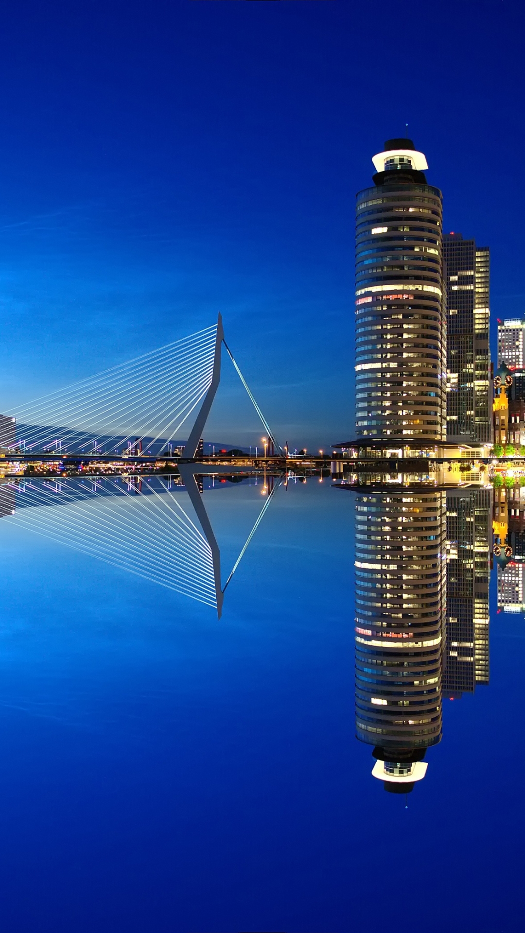 1128541 скачать обои город, сделано человеком, роттердам, мост, нидерланды, отражение, вода, небоскреб, небоскрёб, мост эразма, здание, строительство, ночь, города - заставки и картинки бесплатно