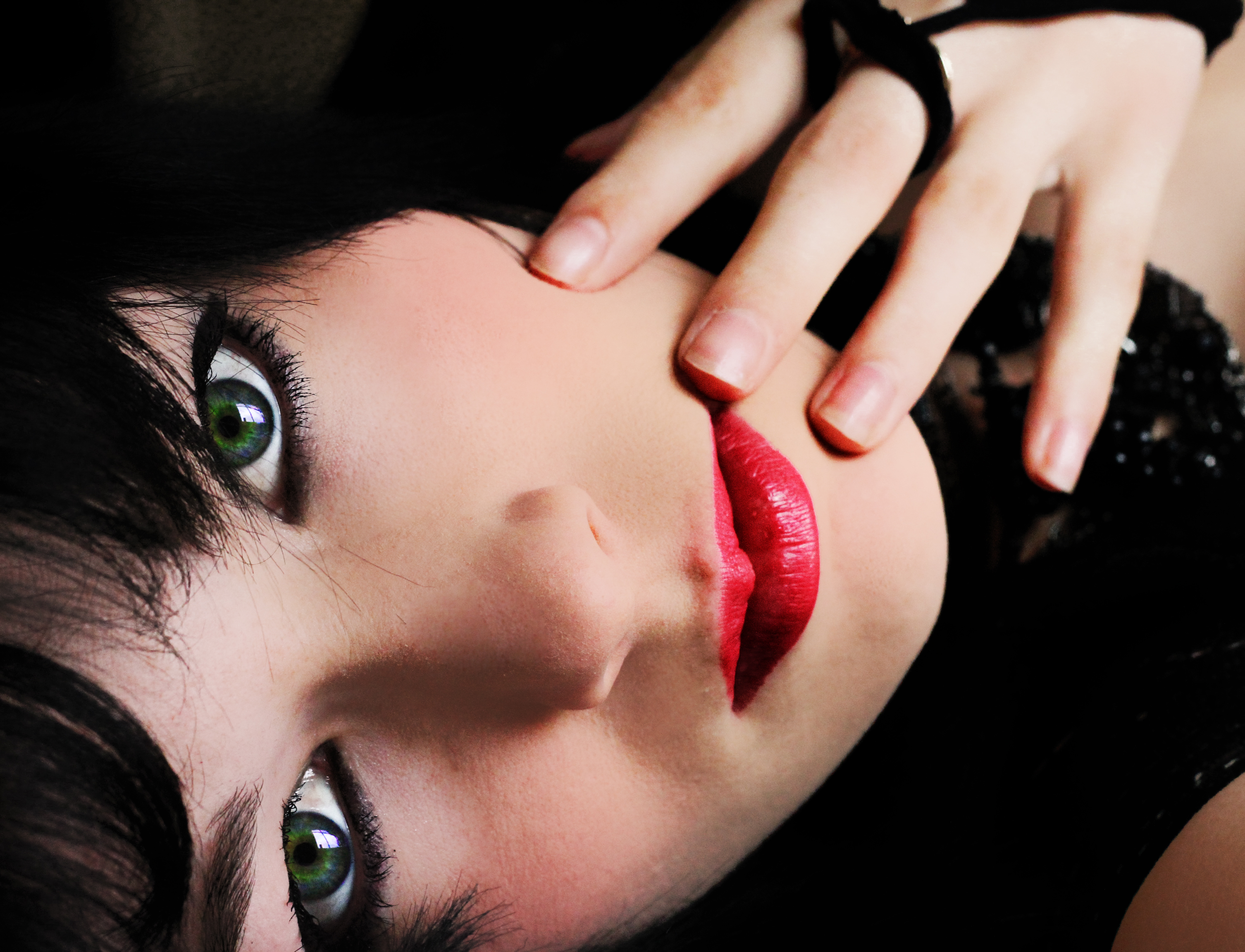 Download mobile wallpaper Face, Women, Green Eyes, Black Hair, Lipstick for free.