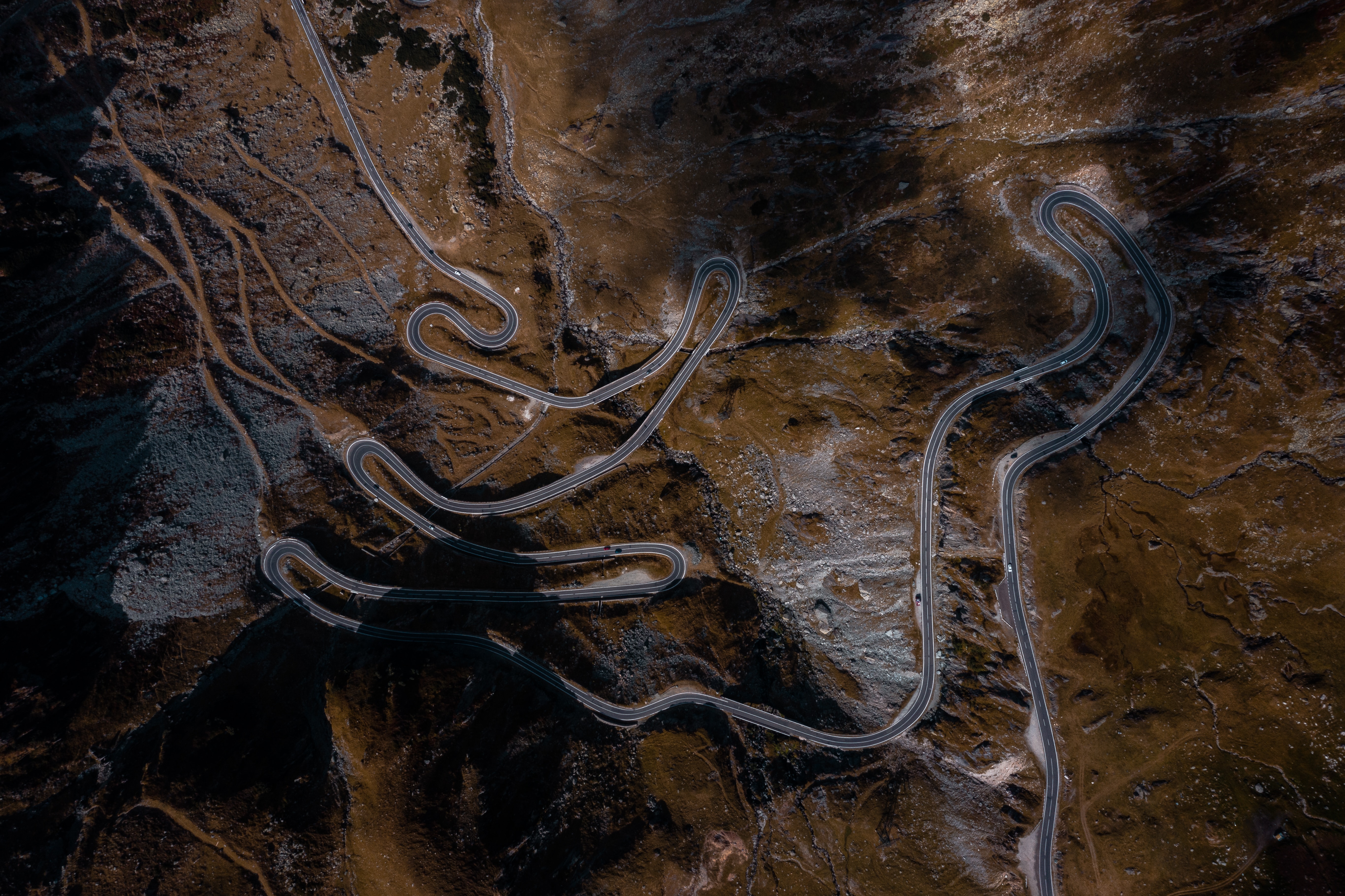 nature, mountains, view from above, road, winding, sinuous, serpentine