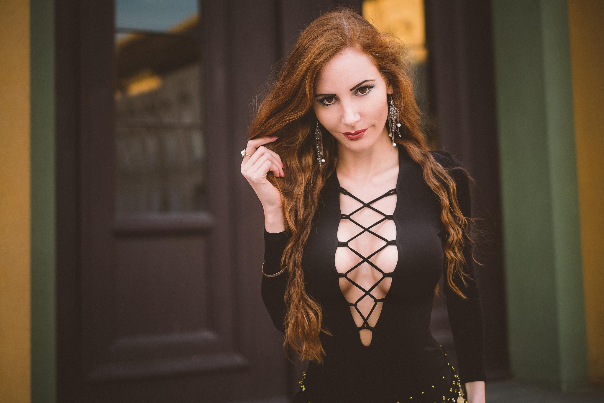 Free download wallpaper Redhead, Model, Women, Earrings, Brown Eyes, Black Dress on your PC desktop