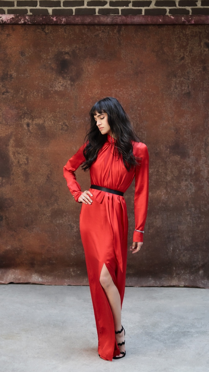 Download mobile wallpaper Mood, Celebrity, Black Hair, Actress, French, Red Dress, Sofia Boutella for free.