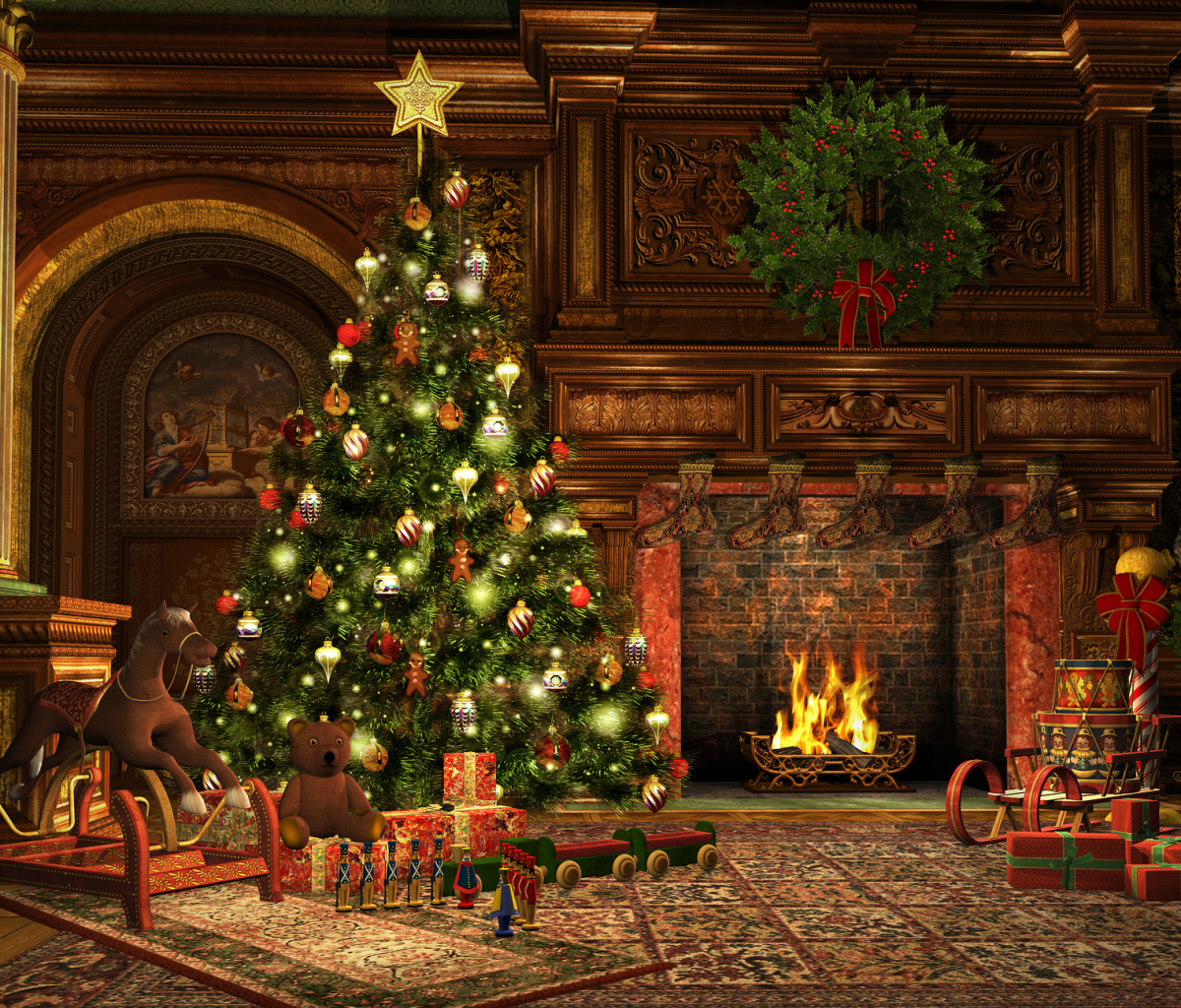 無料モバイル壁紙クリスマス, クリスマスツリー, 花輪, 暖炉, ホリデーをダウンロードします。
