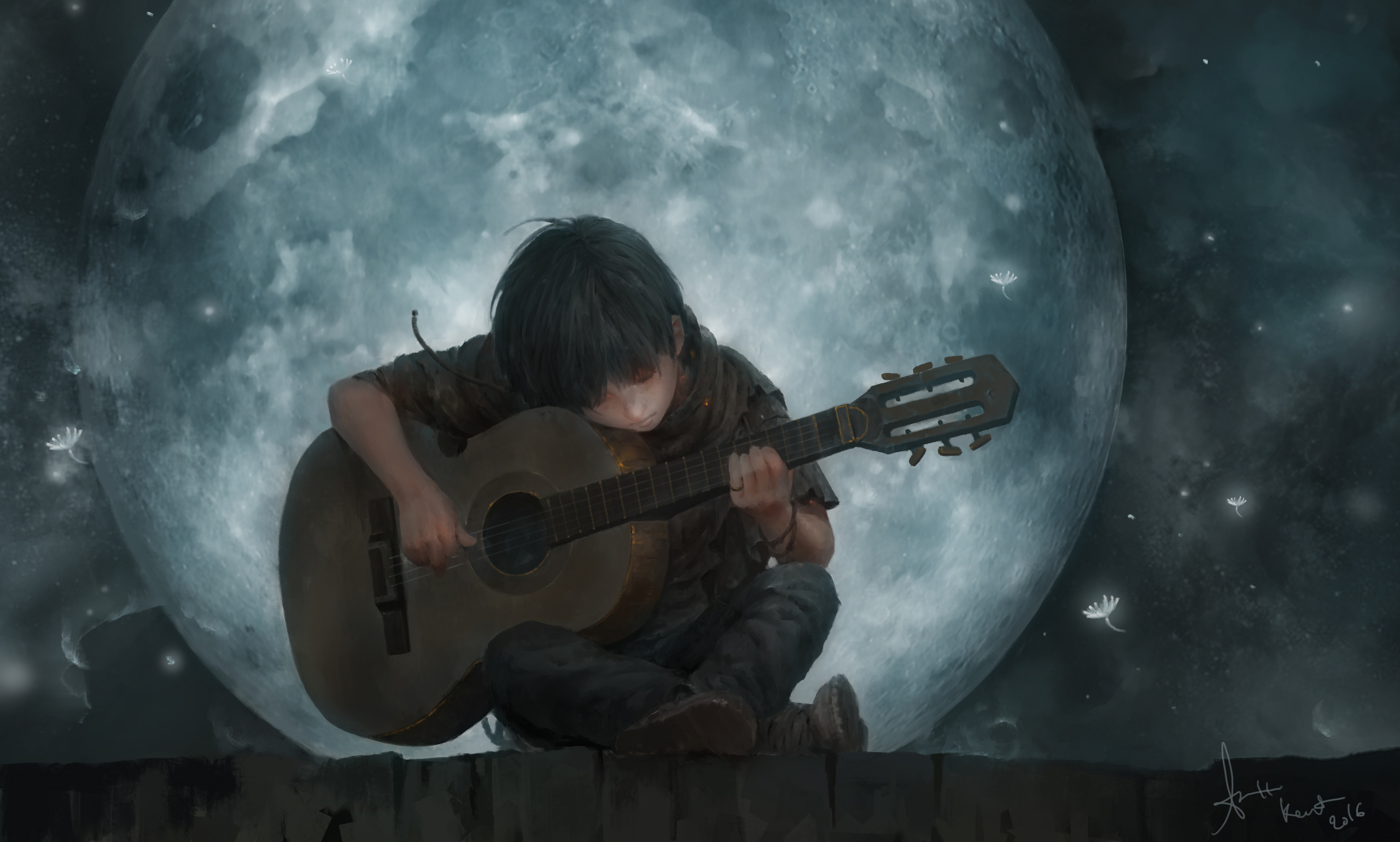 Descarga gratuita de fondo de pantalla para móvil de Luna, Guitarra, Niño, Artístico.