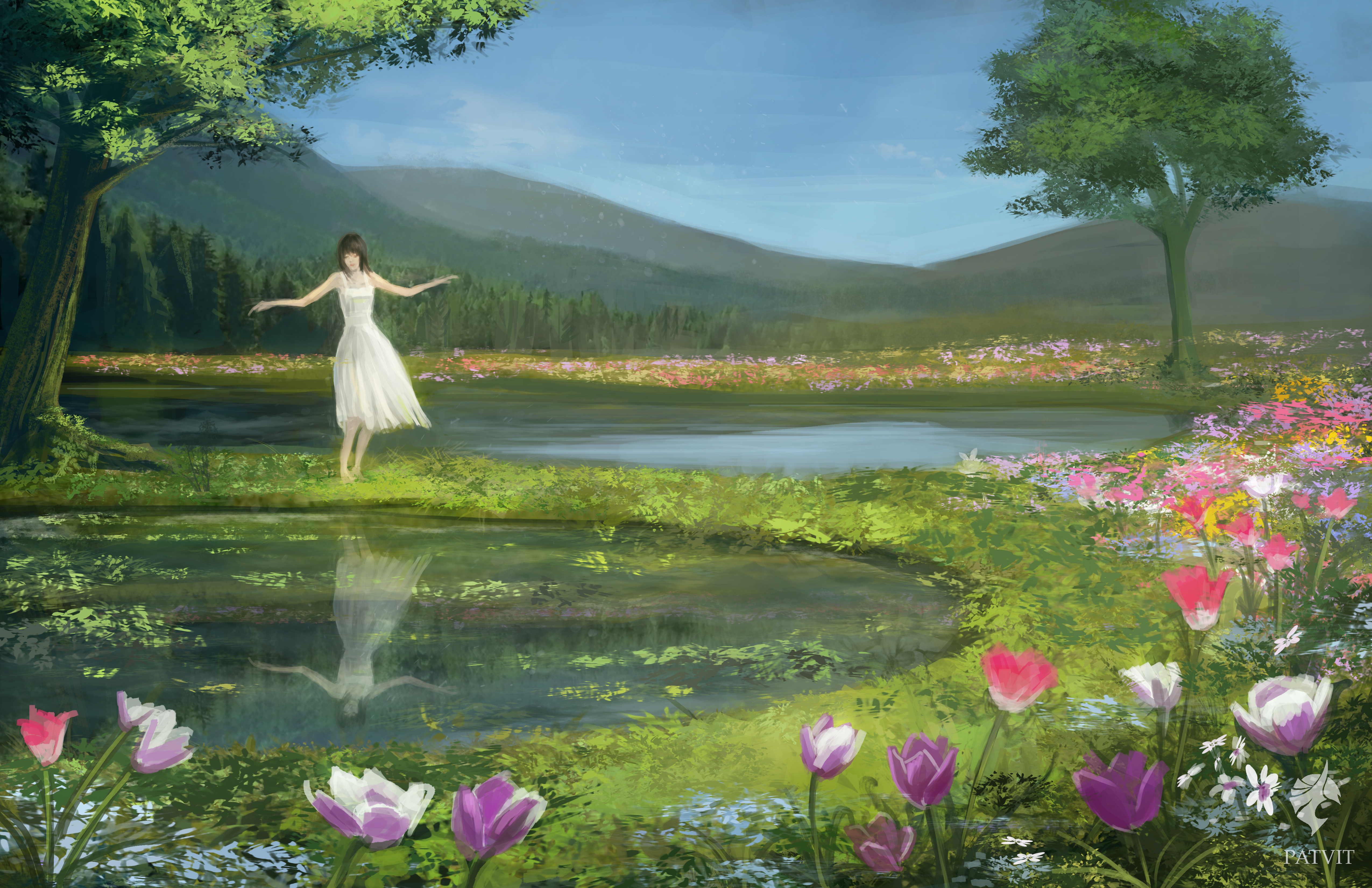 Free download wallpaper Nature, Fantasy, Reflection, Flower, Tree, Women, White Dress on your PC desktop