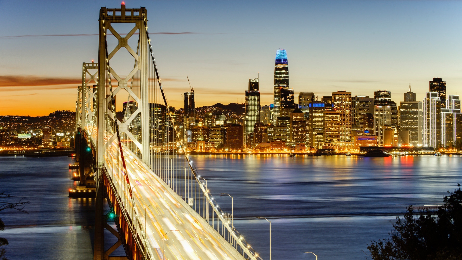 Завантажити шпалери безкоштовно Мости, Світло, Міст, Сан Франциско, Бей Брідж, Створено Людиною картинка на робочий стіл ПК