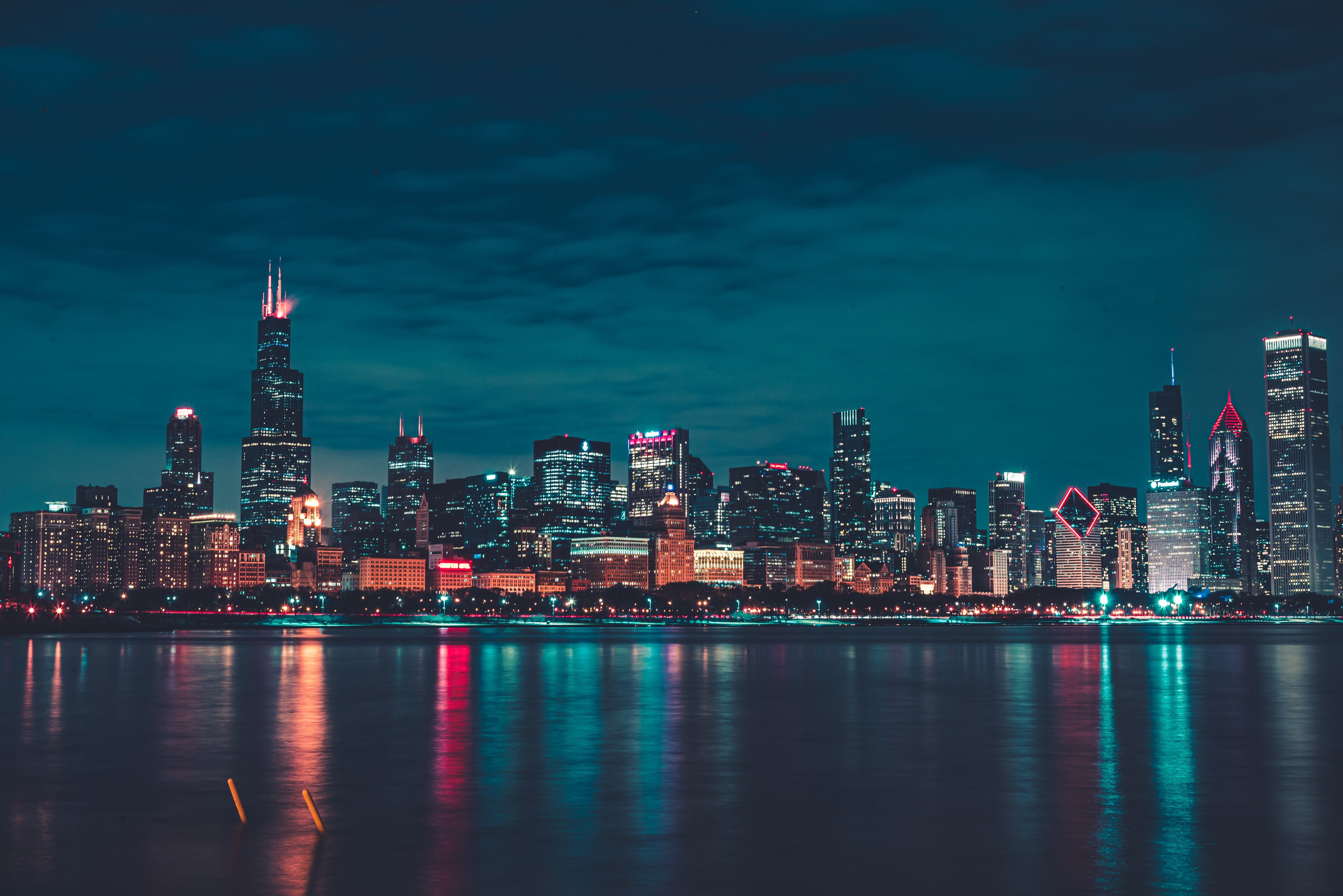 Download mobile wallpaper Cities, Reflection, Night City, Building, Chicago, Water for free.