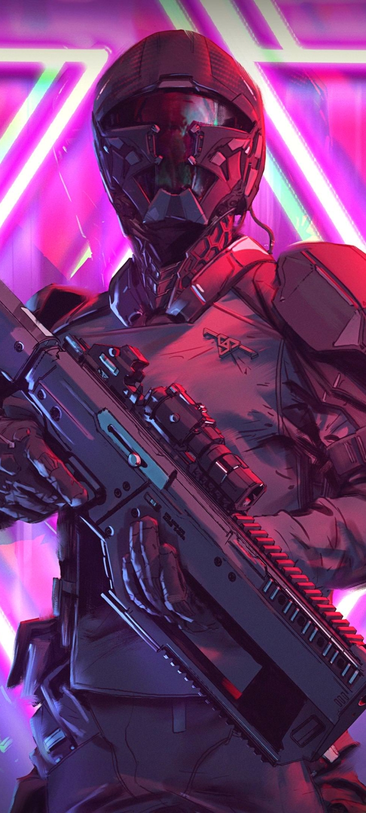 Handy-Wallpaper Waffe, Cyberpunk, Krieger, Science Fiction, Soldat, Futuristisch, Sturmgewehr kostenlos herunterladen.