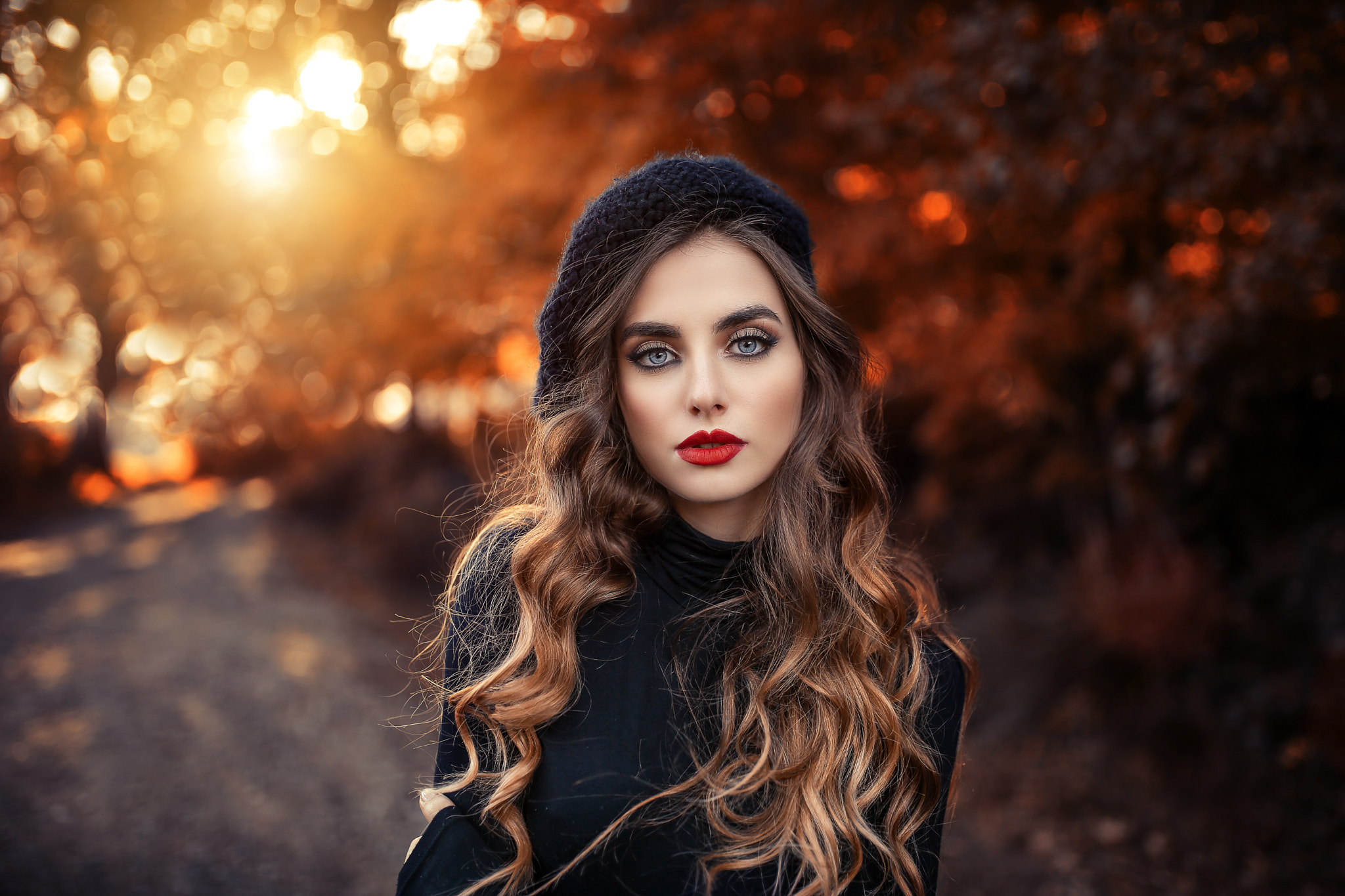 Download mobile wallpaper Brunette, Model, Women, Blue Eyes, Long Hair, Lipstick, Depth Of Field for free.