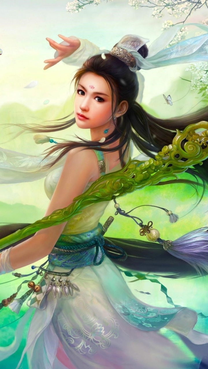 Download mobile wallpaper Fantasy, Oriental, Women, Asian, Long Hair, Brown Hair for free.