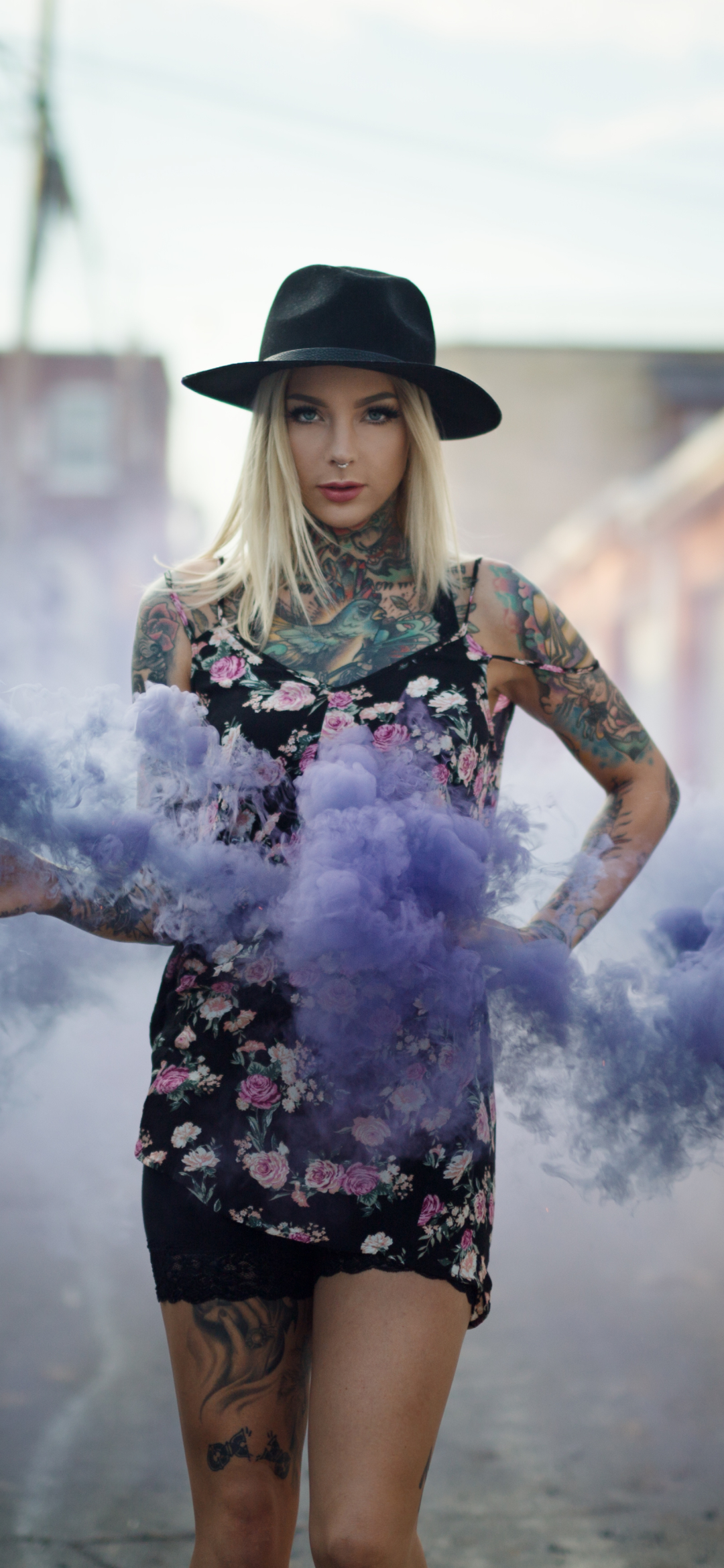 Download mobile wallpaper Smoke, Tattoo, Blonde, Hat, Model, Women for free.