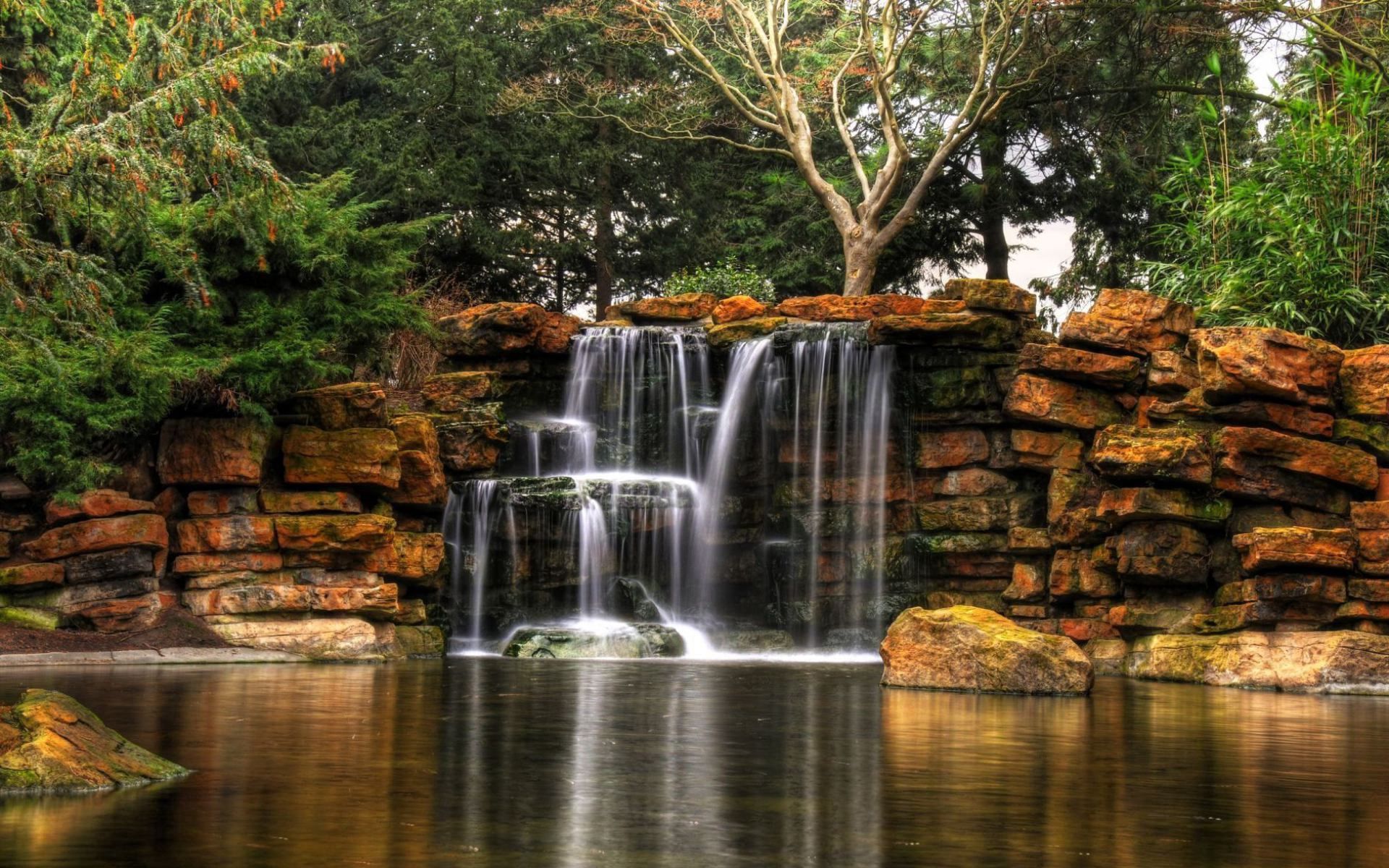 95305 скачать обои водопад, парк, природа, пруд, плиты - заставки и картинки бесплатно