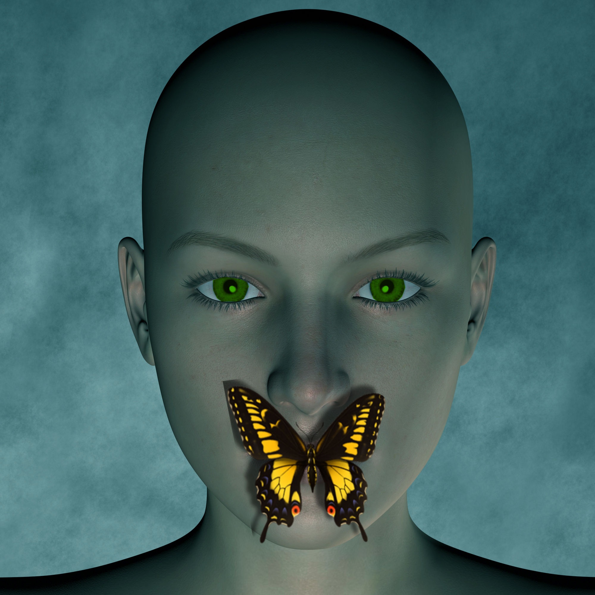 106245 скачать картинку 3d, лицо, бабочка, молчание, зеленоглазая - обои и заставки бесплатно