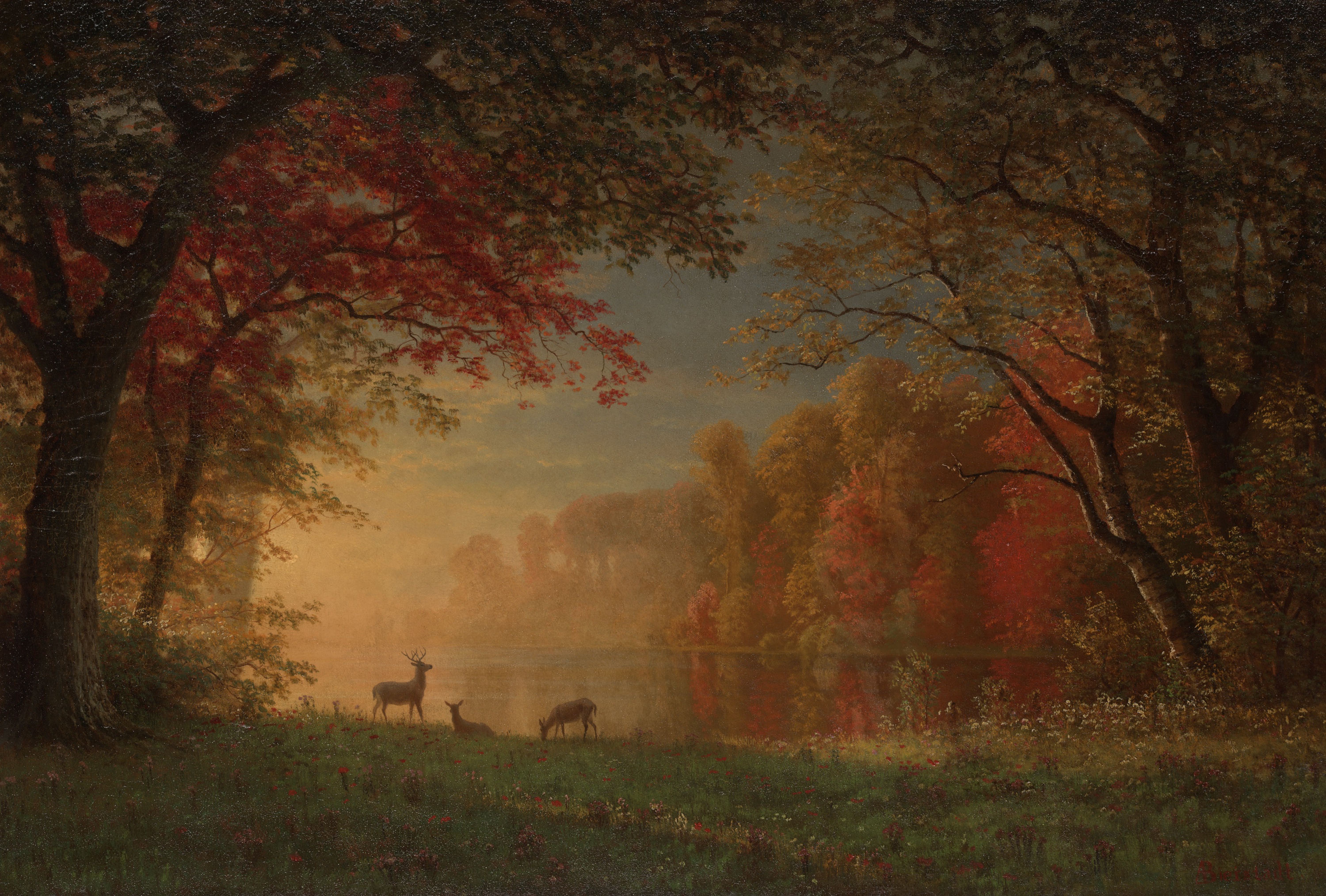 Download mobile wallpaper Landscape, Lake, Tree, Deer, Artistic for free.