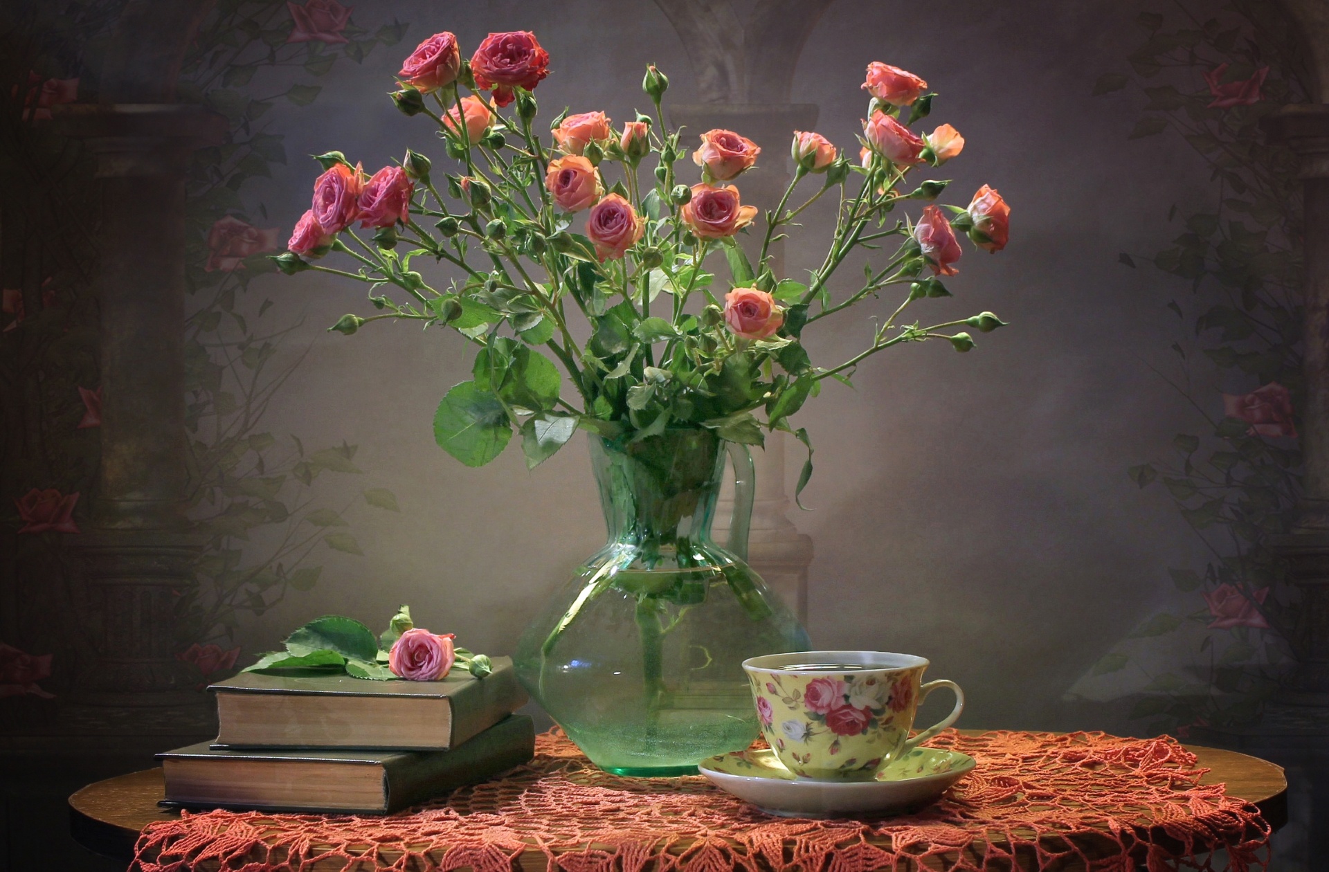 897944 завантажити шпалери ваза, фотографія, натюрморт, квітка, рожева троянда, роза, блюдце, чайна чашка - заставки і картинки безкоштовно