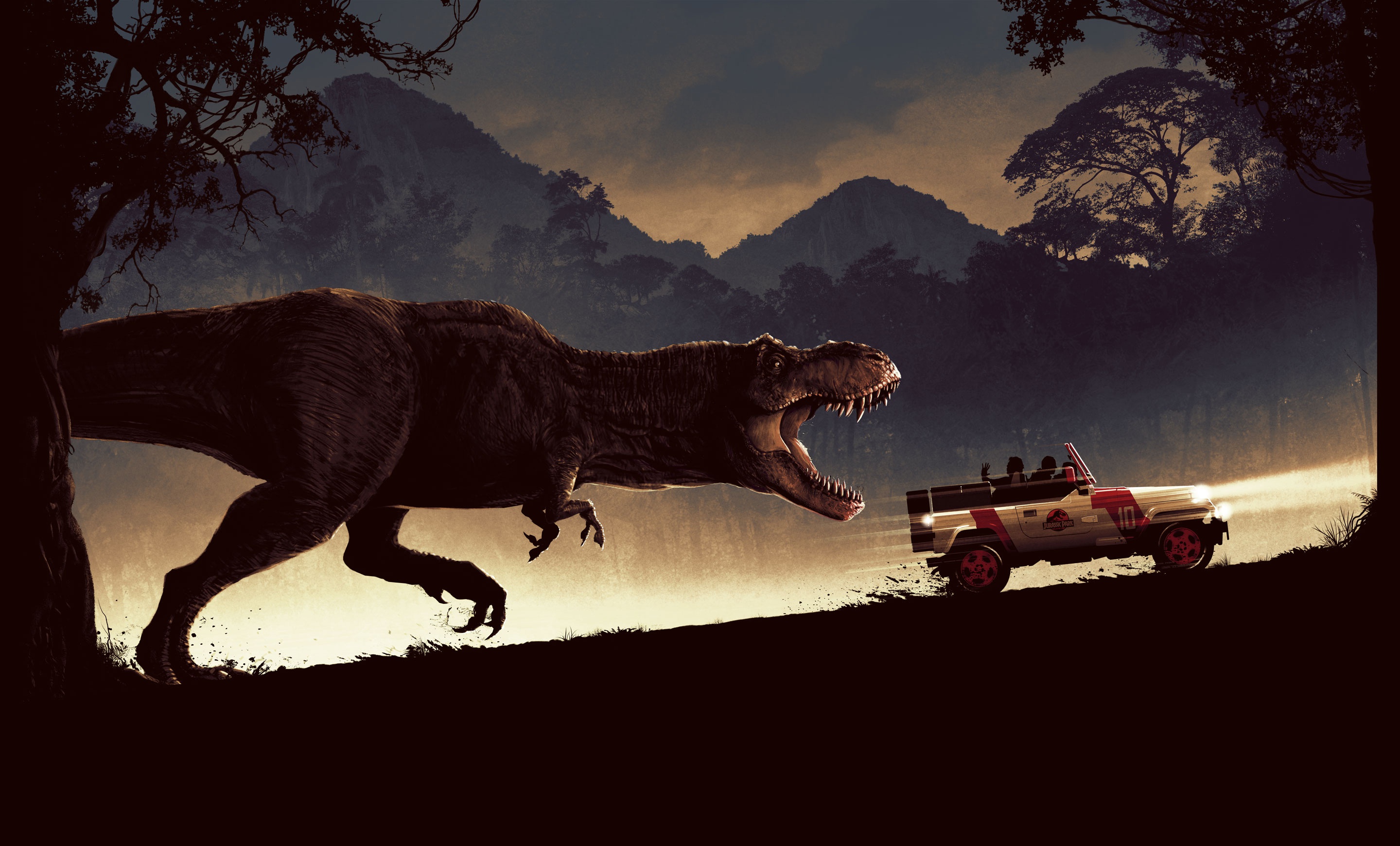 jurassic park, movie, car, dinosaur, tyrannosaurus rex