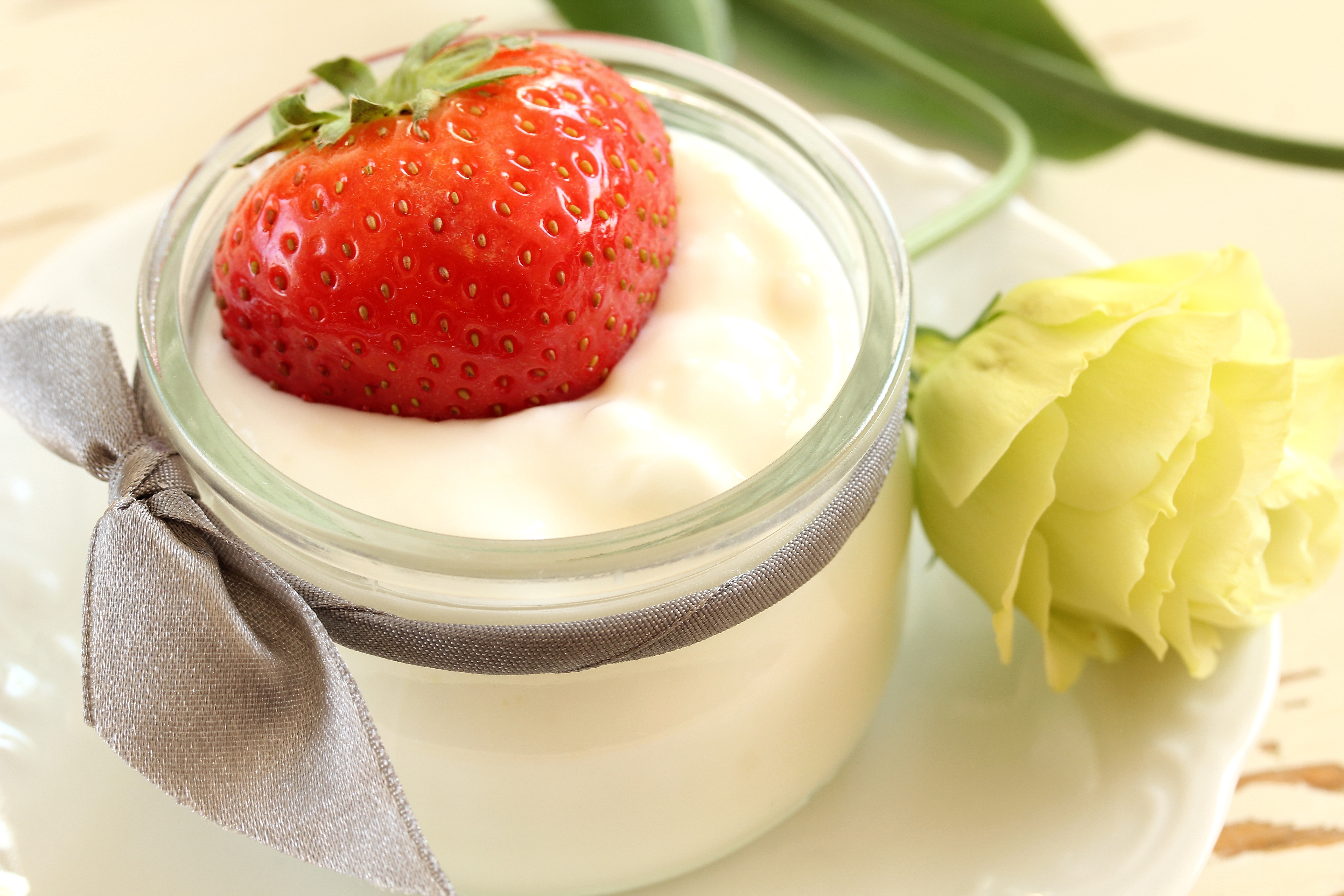 Download mobile wallpaper Yogurt, Yoghurt, Food, Rose, Rose Flower, Strawberry for free.