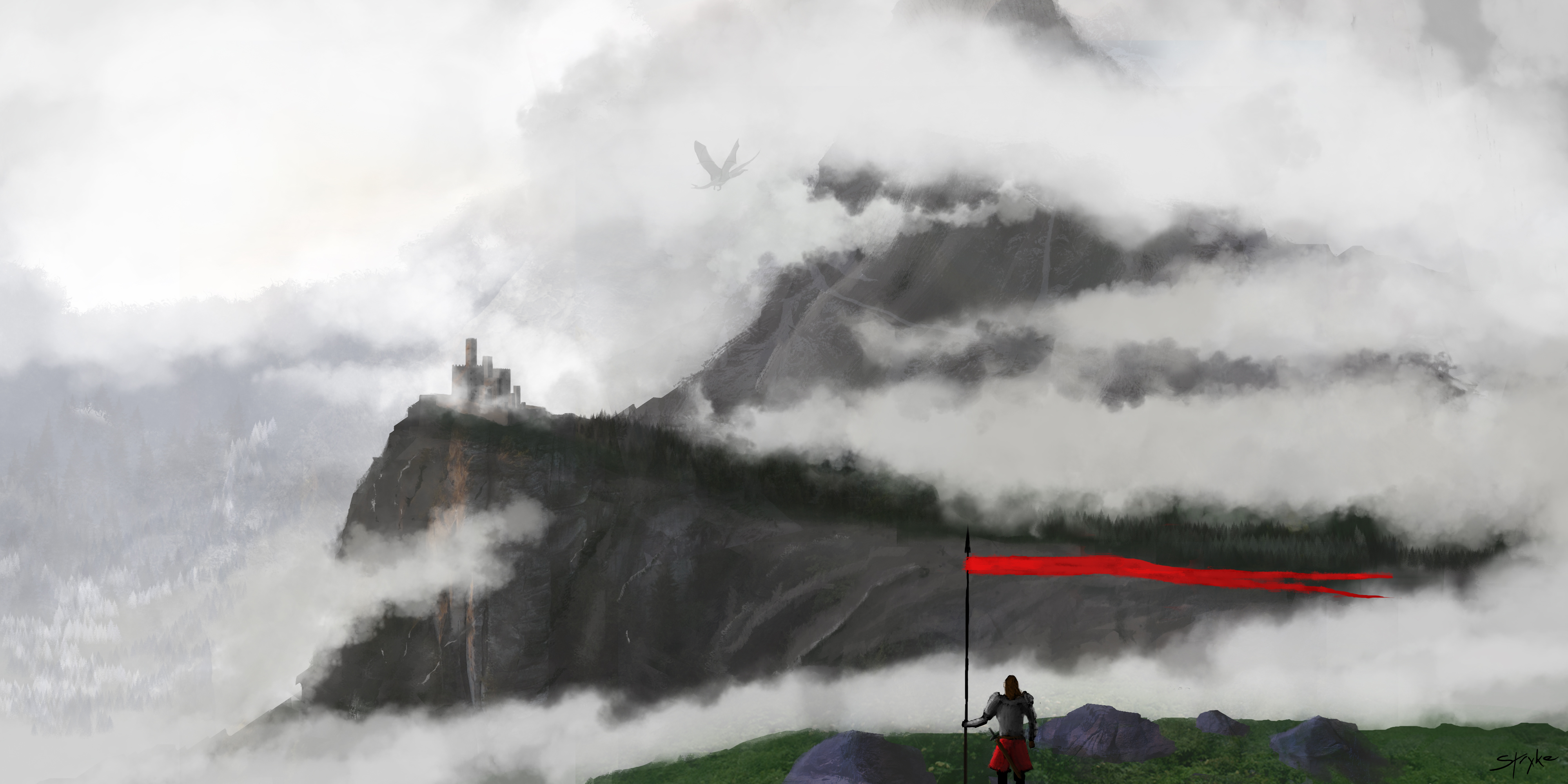Download mobile wallpaper Landscape, Fantasy, Mountain, Dragon, Knight, Castle for free.