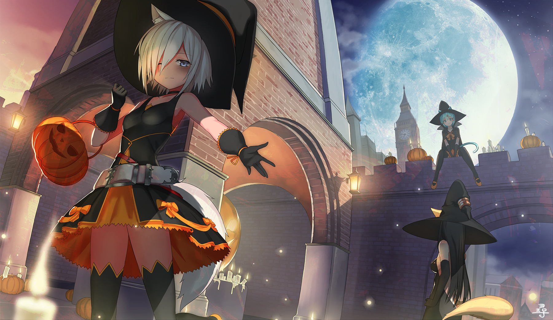 Download mobile wallpaper Anime, Halloween, Pumpkin, Original, Witch Hat for free.