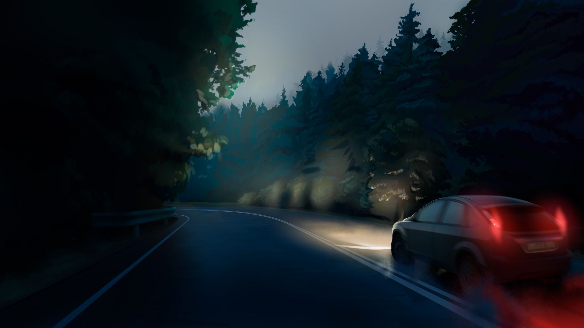 Download mobile wallpaper Anime, Nature, Night, Dark, Road, Forest, Car, Everlasting Summer for free.