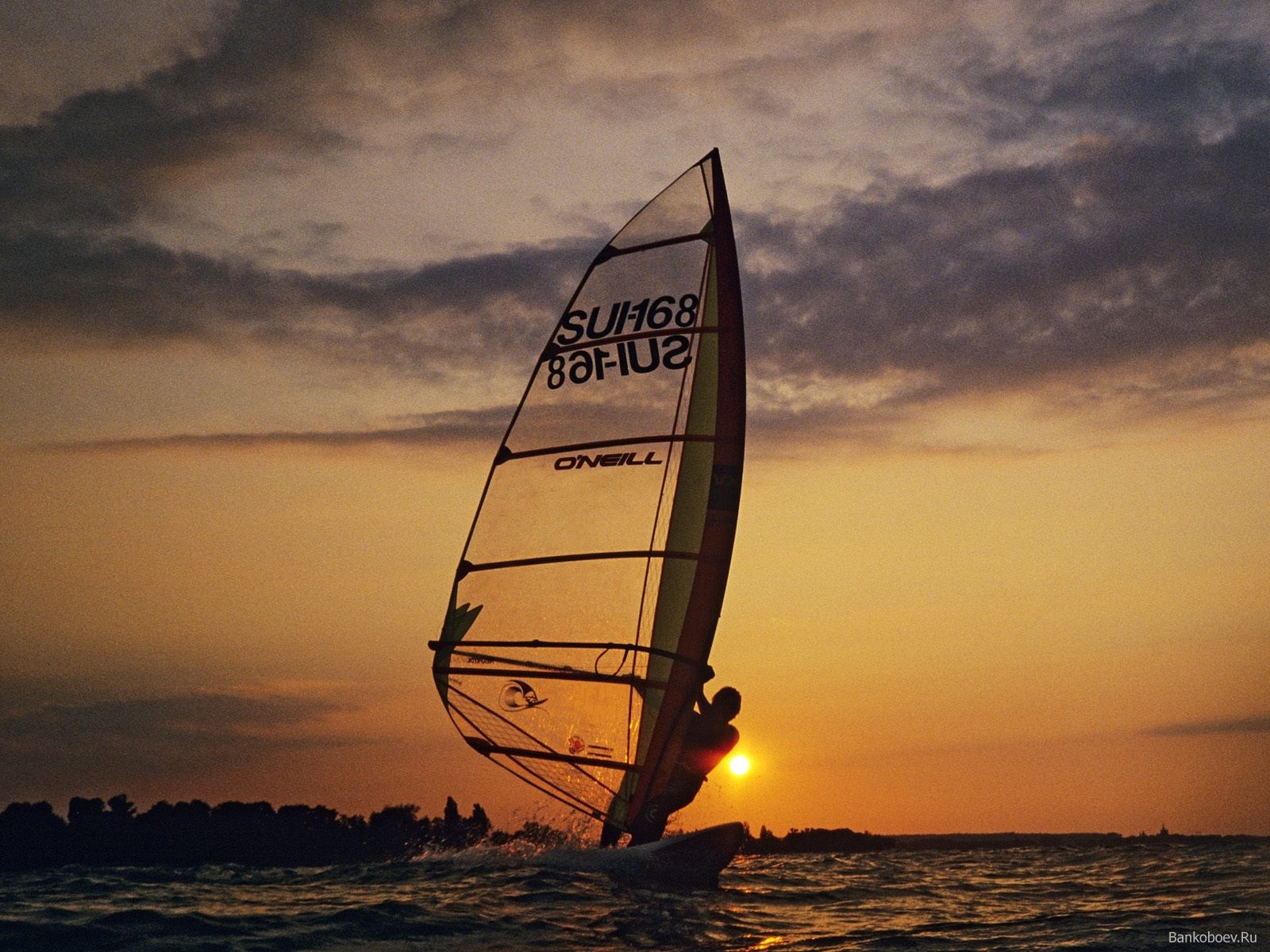 Download mobile wallpaper Sunset, Windsurfing, Sea, Sports for free.