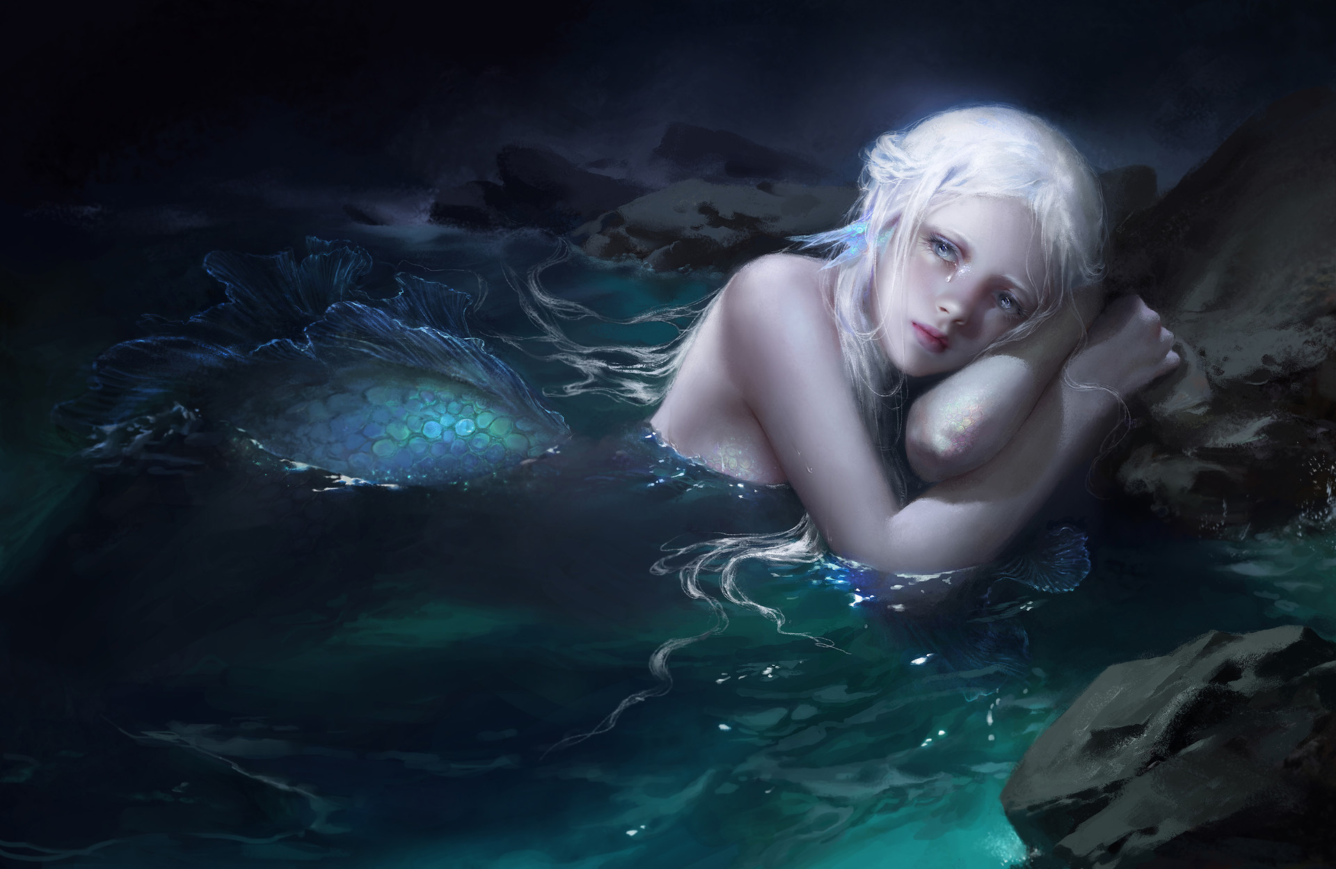 Free download wallpaper Fantasy, Tears, Mermaid, White Hair on your PC desktop