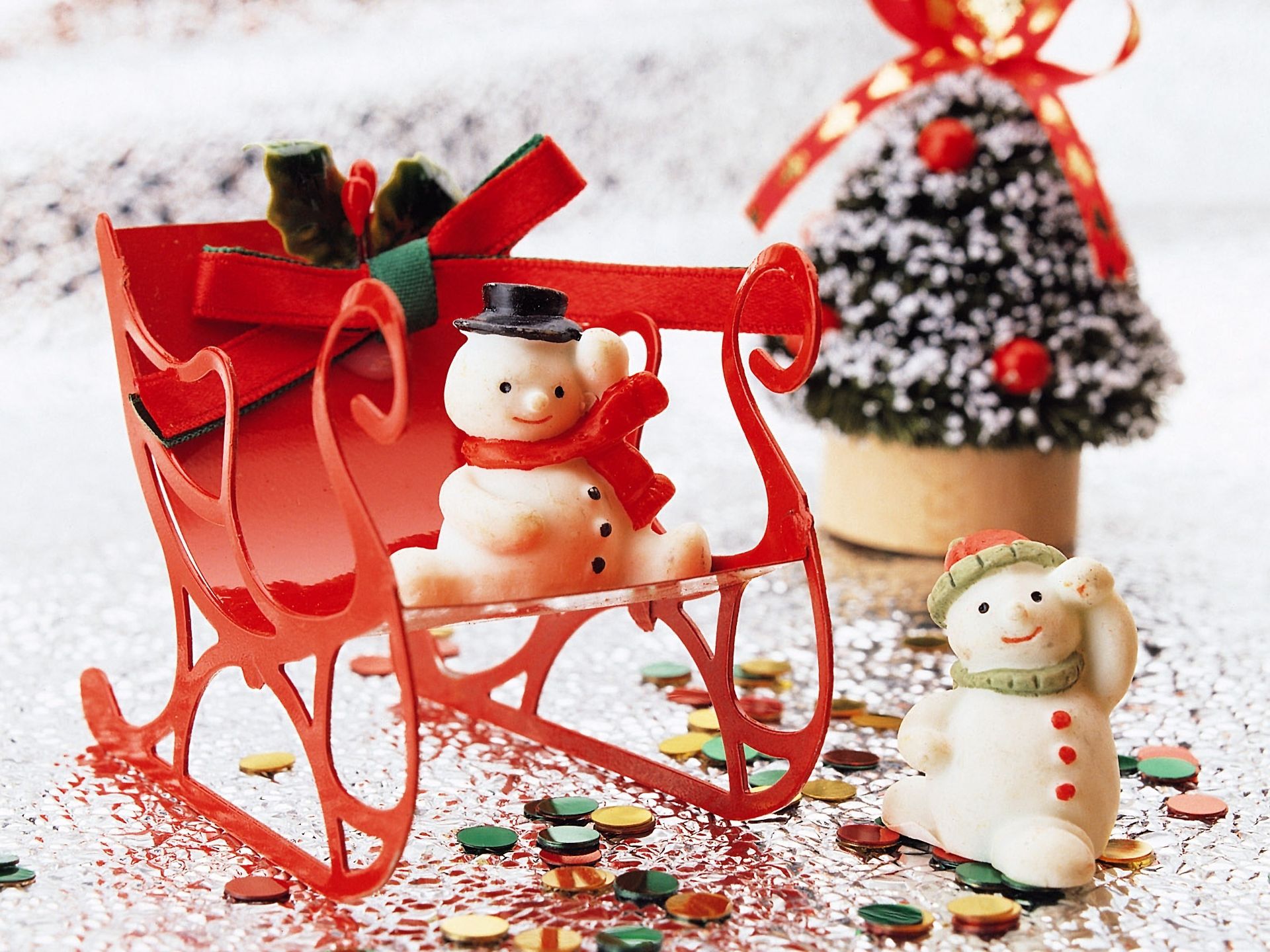 Laden Sie das Feiertage, Dekoration, Weihnachten, Schneemann, Schlitten-Bild kostenlos auf Ihren PC-Desktop herunter