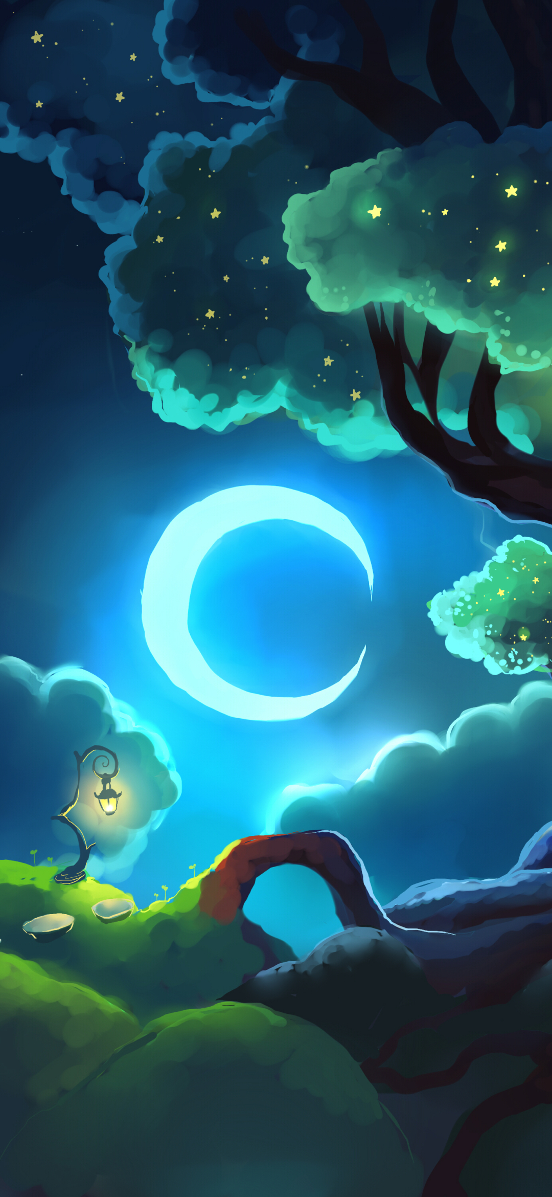 roots, moon, artistic, tree, painting, crescent, cloud, stars