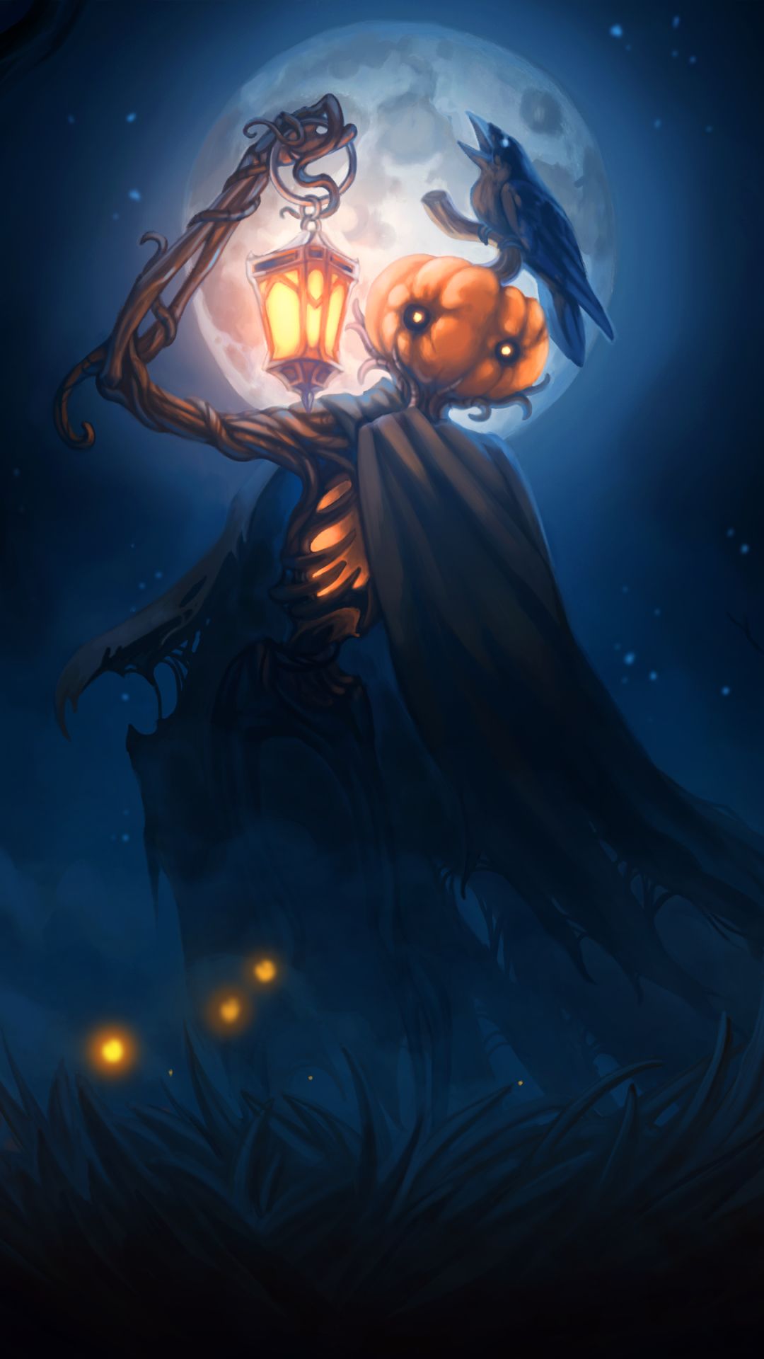Download mobile wallpaper Halloween, Night, Moon, Holiday, Lantern, Crow, Spooky, Jack O' Lantern for free.