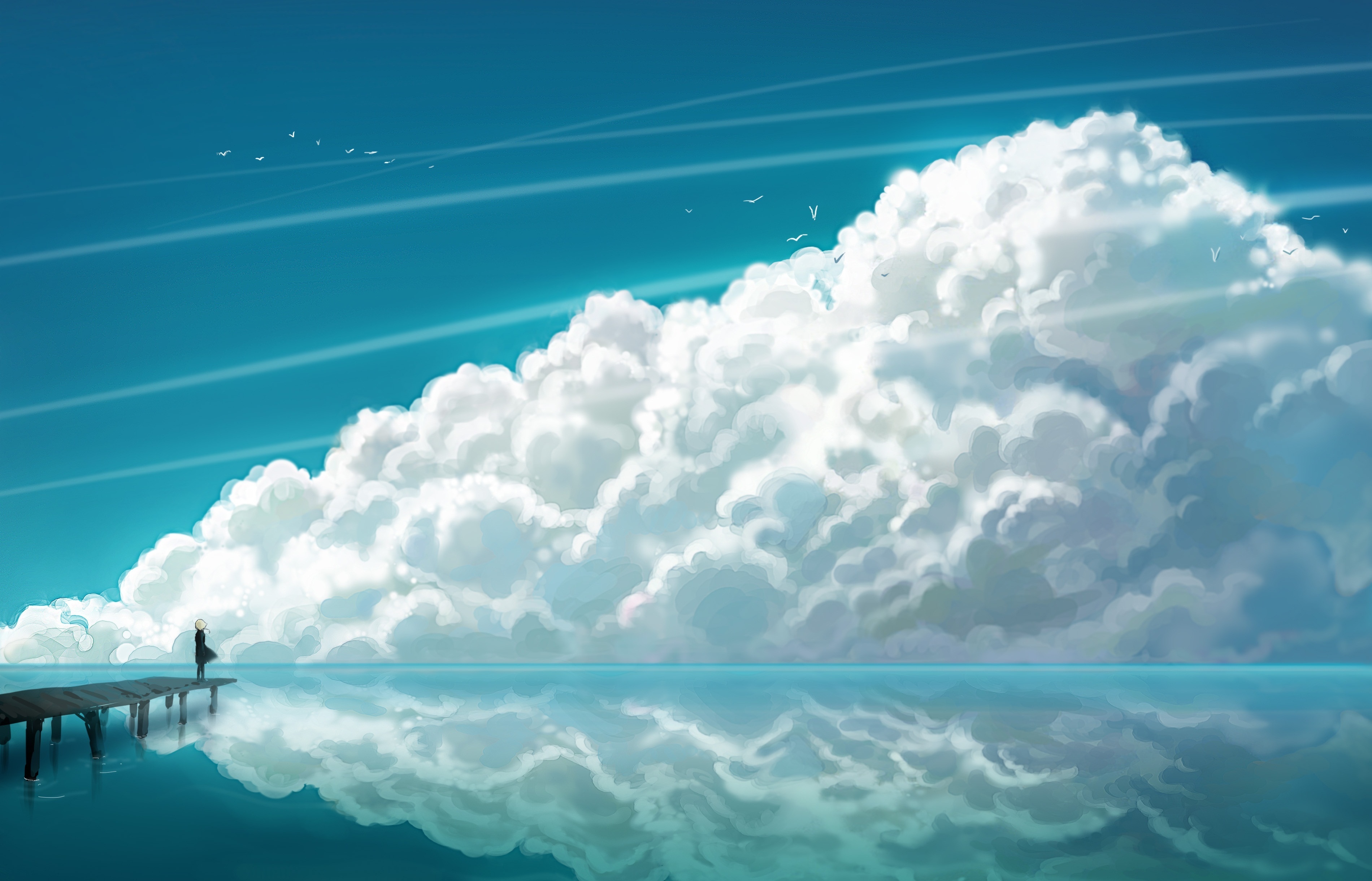 172480 скачать картинку аниме, океан, пирс, небо, облака, отражение - обои и заставки бесплатно