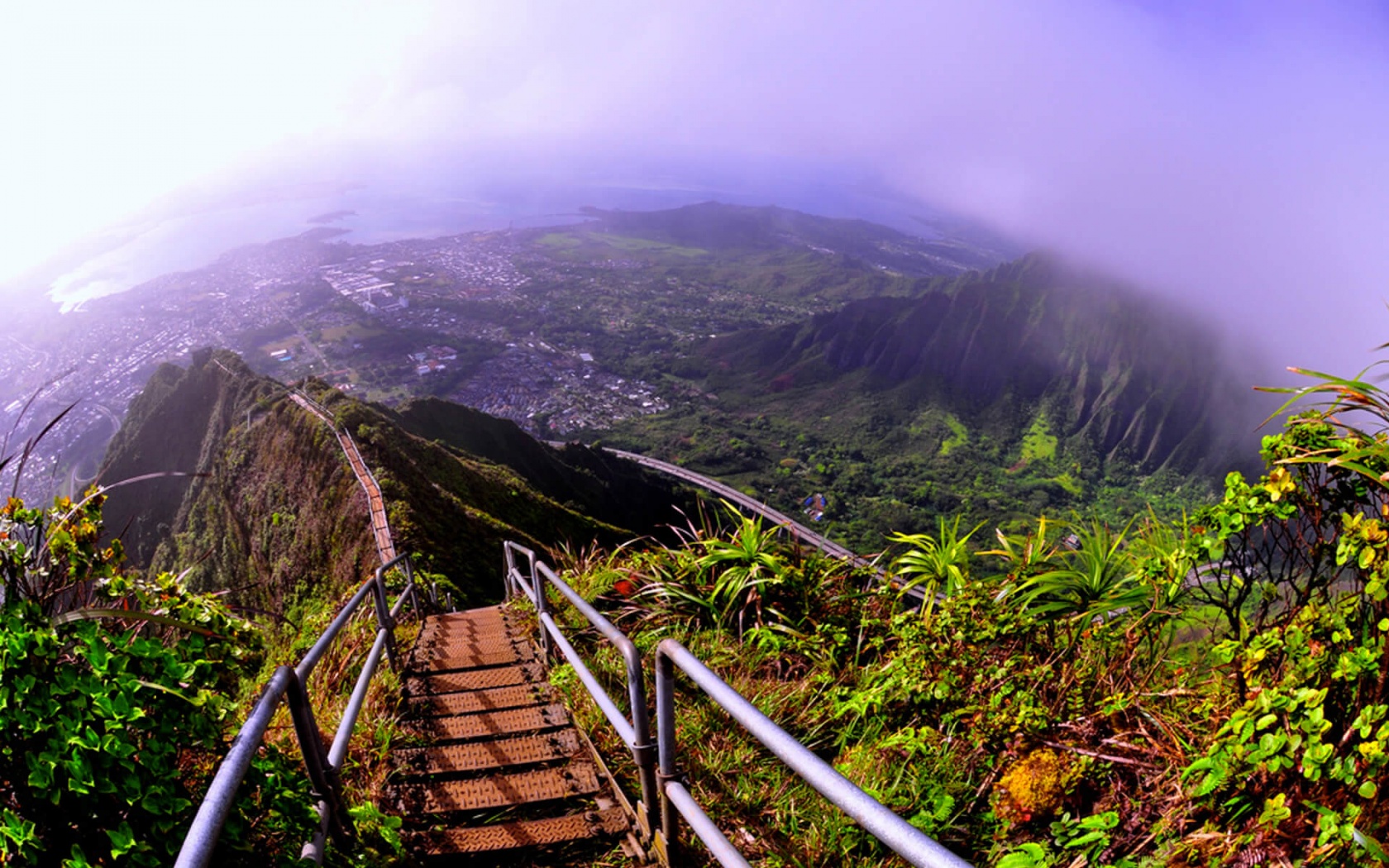Download mobile wallpaper Landscape, Mountain, Plant, Fog, Stairs, Valley, Hawaii, Photography for free.
