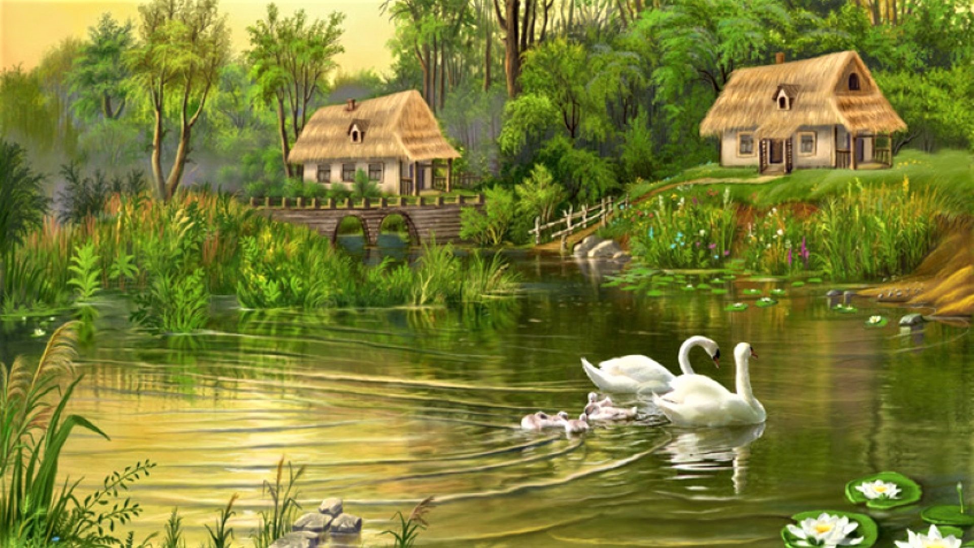 Free download wallpaper Painting, Swan, Pond, Artistic, Cottage on your PC desktop