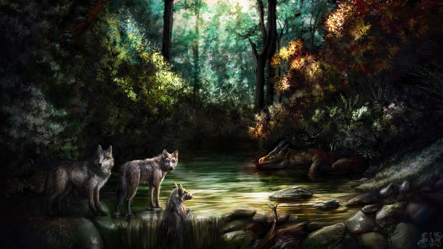 Free download wallpaper Dark, Forest, Tree, Wolf, Artistic on your PC desktop