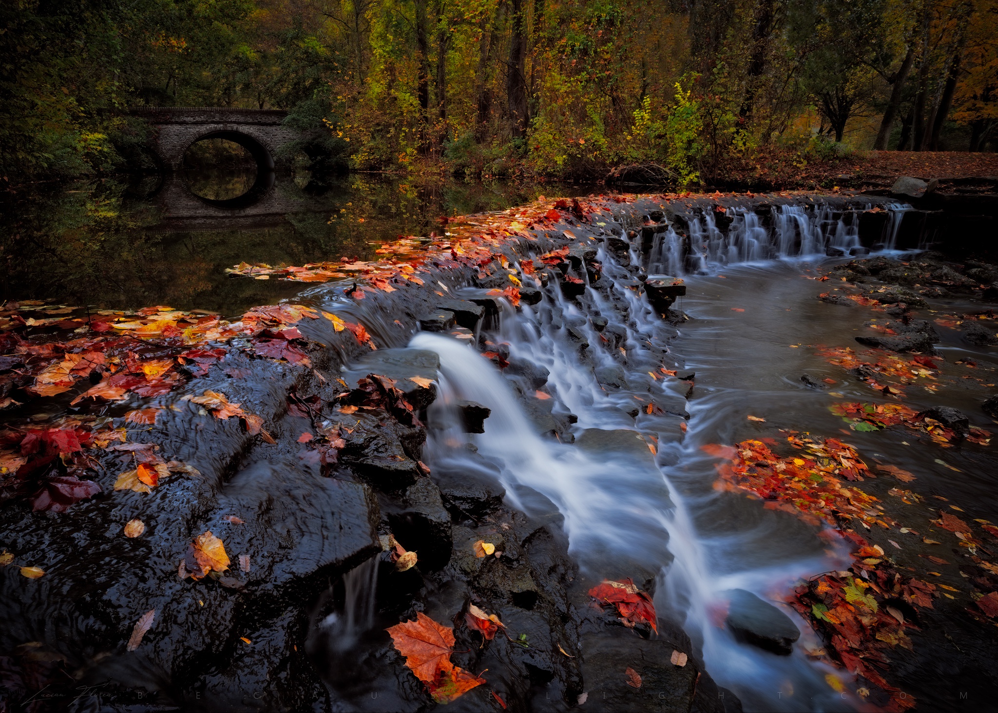 Download mobile wallpaper Nature, Waterfall, Forest, Fall, Bridge, Photography for free.