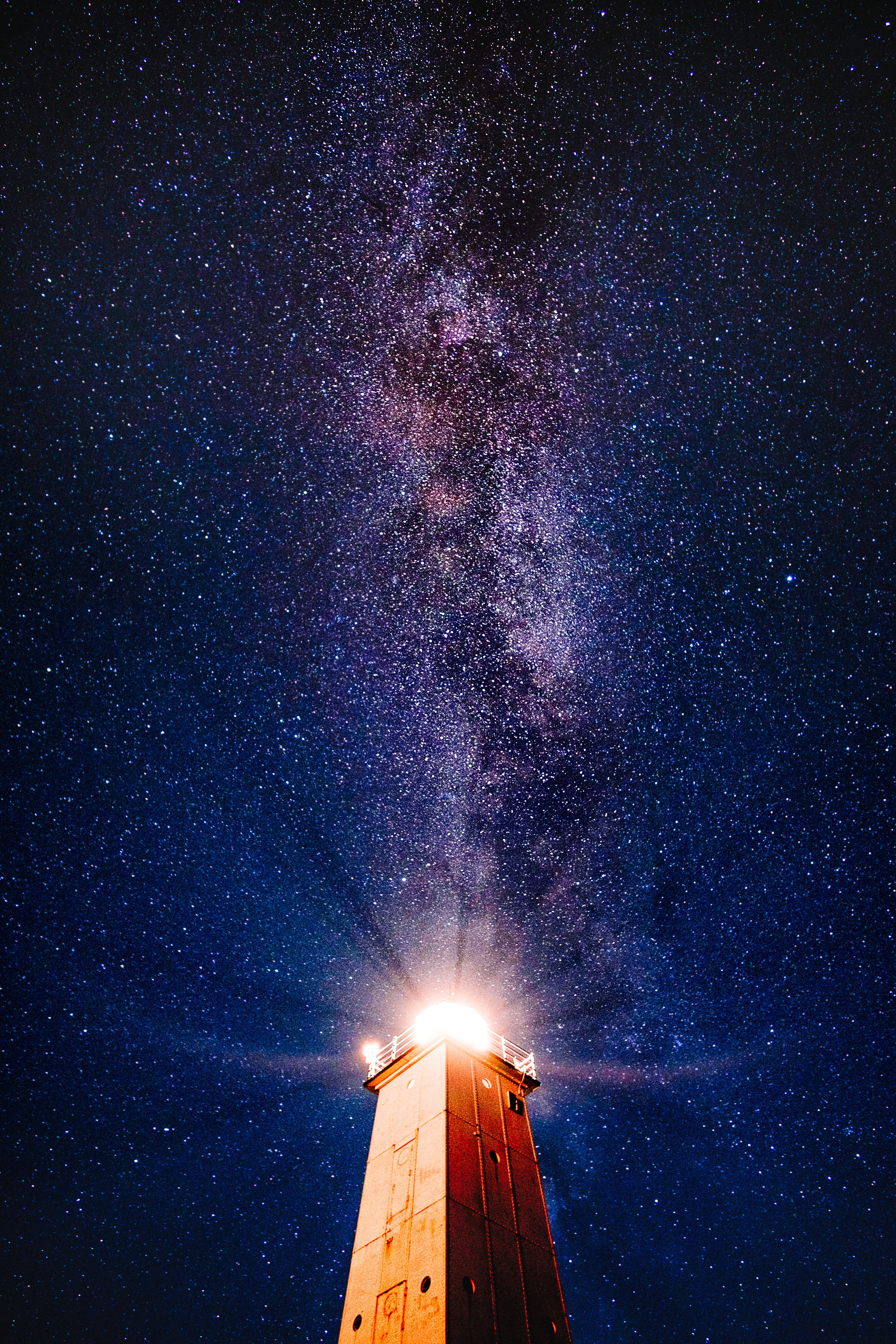 lighthouse, night, universe, shine, light, starry sky Phone Background