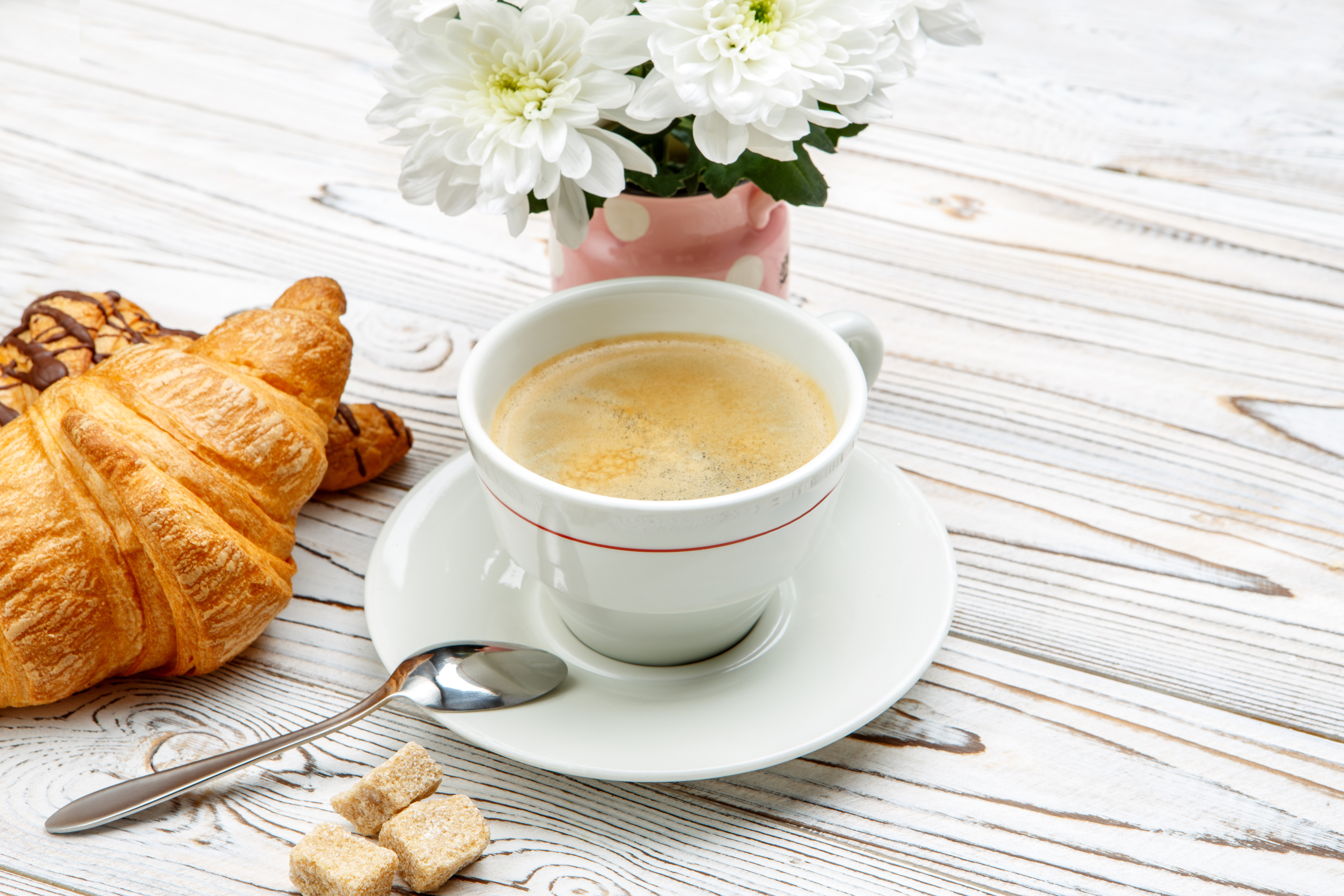 Handy-Wallpaper Tasse, Croissant, Nahrungsmittel, Stillleben, Kaffee kostenlos herunterladen.